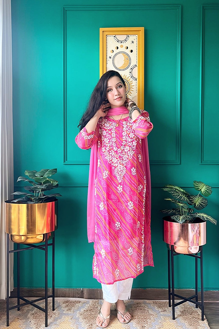 Farhad Gulab Bandhej-Chikan Kurta