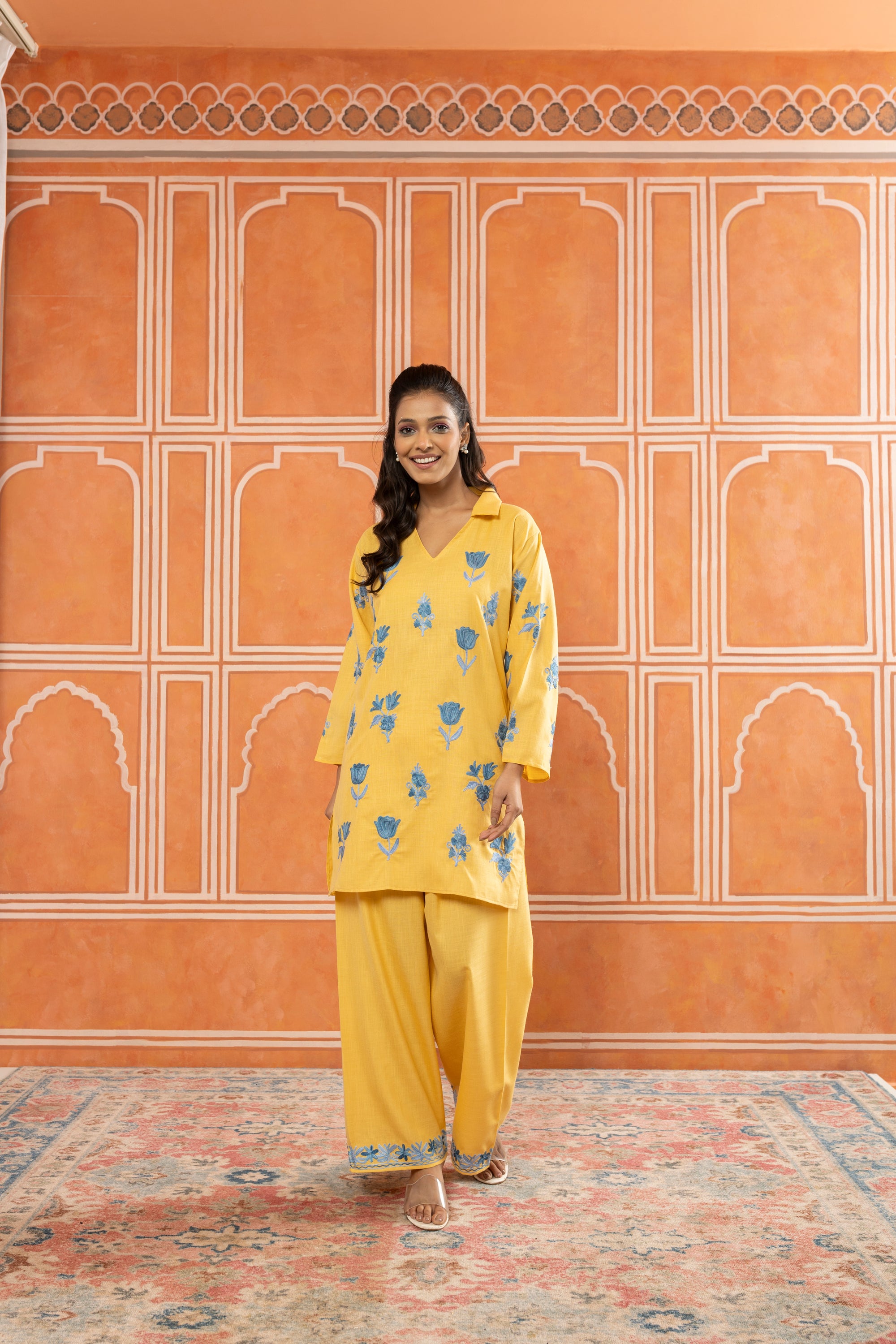 She's_my_Sunshine_Yellow_Kashmiri_Coord_Cotton_Kurta_Pants_Set_shop_Namastay