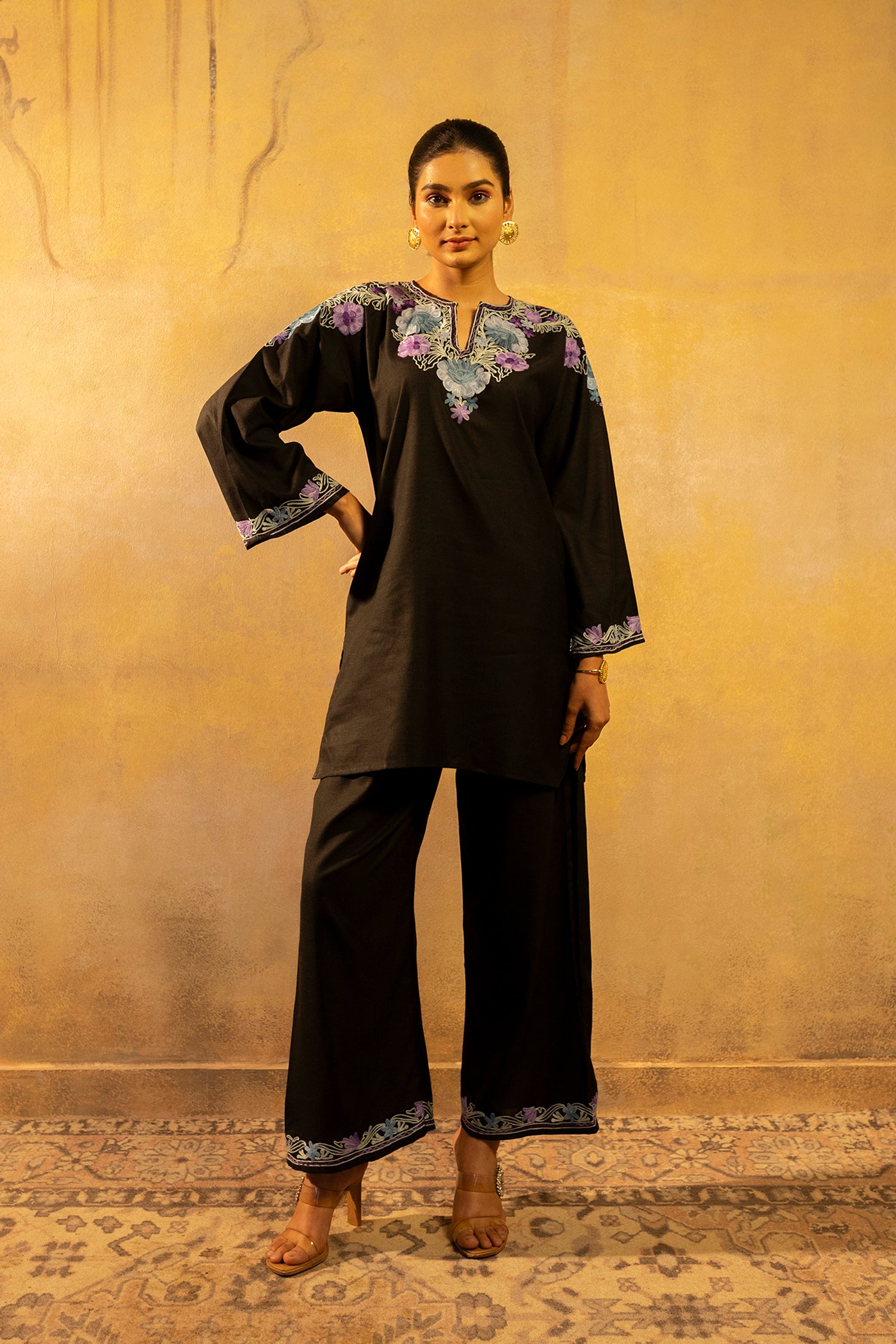 Galantea_Black_Kashmiri_Cotton_Kurta_Pants_Coord_Set_shop_Namastay