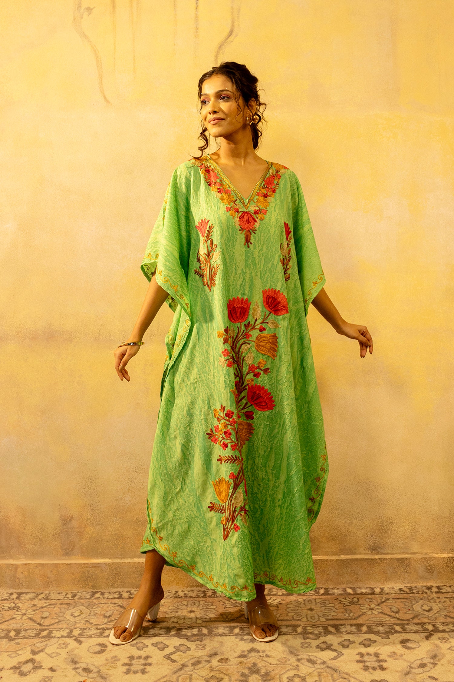 Glam_Green_Kashmiri_Summer_Long_Cotton_Kaftan_shop_Namastay