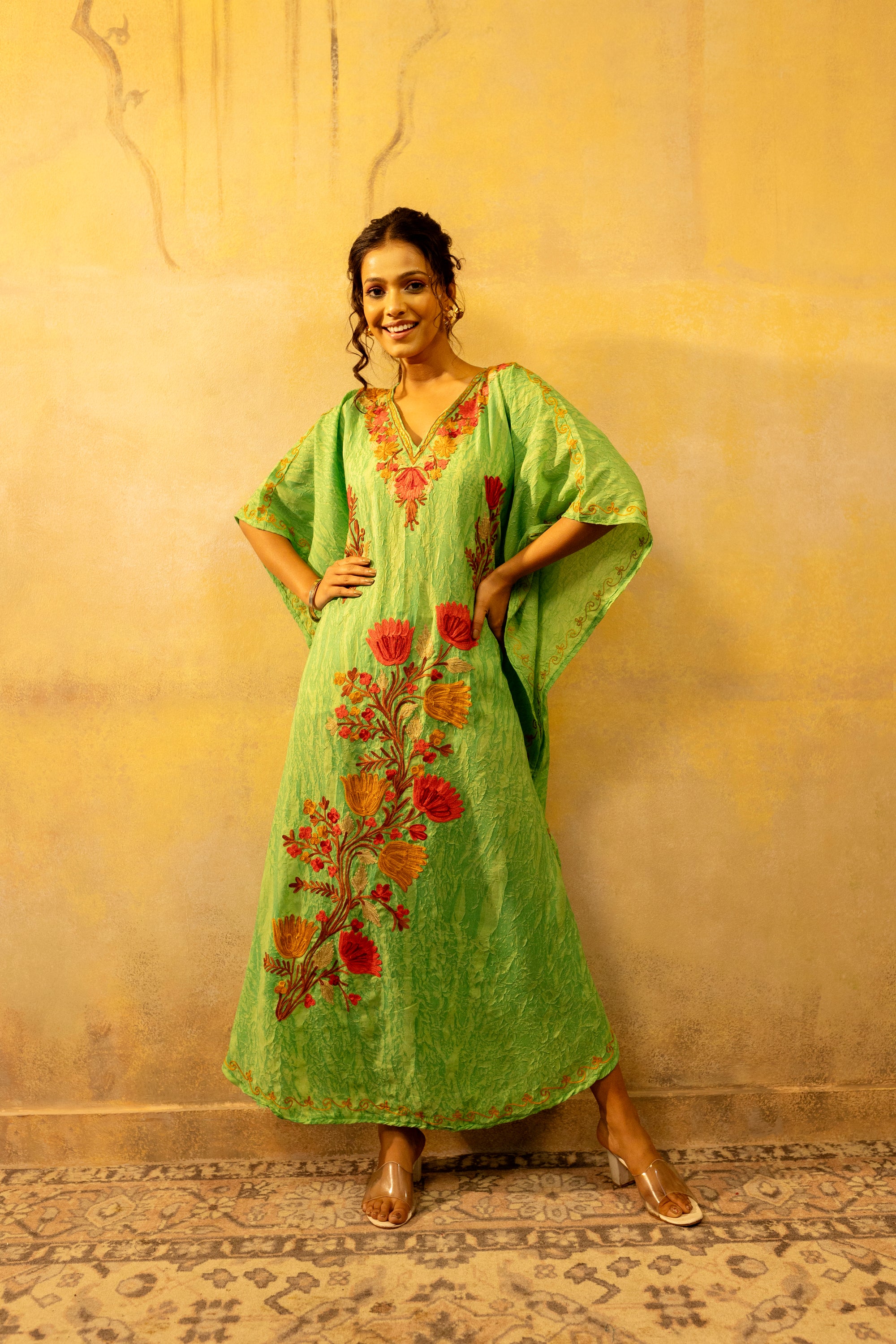 Glam_Green_Kashmiri_Summer_Long_Cotton_Kaftan_shop_Namastay