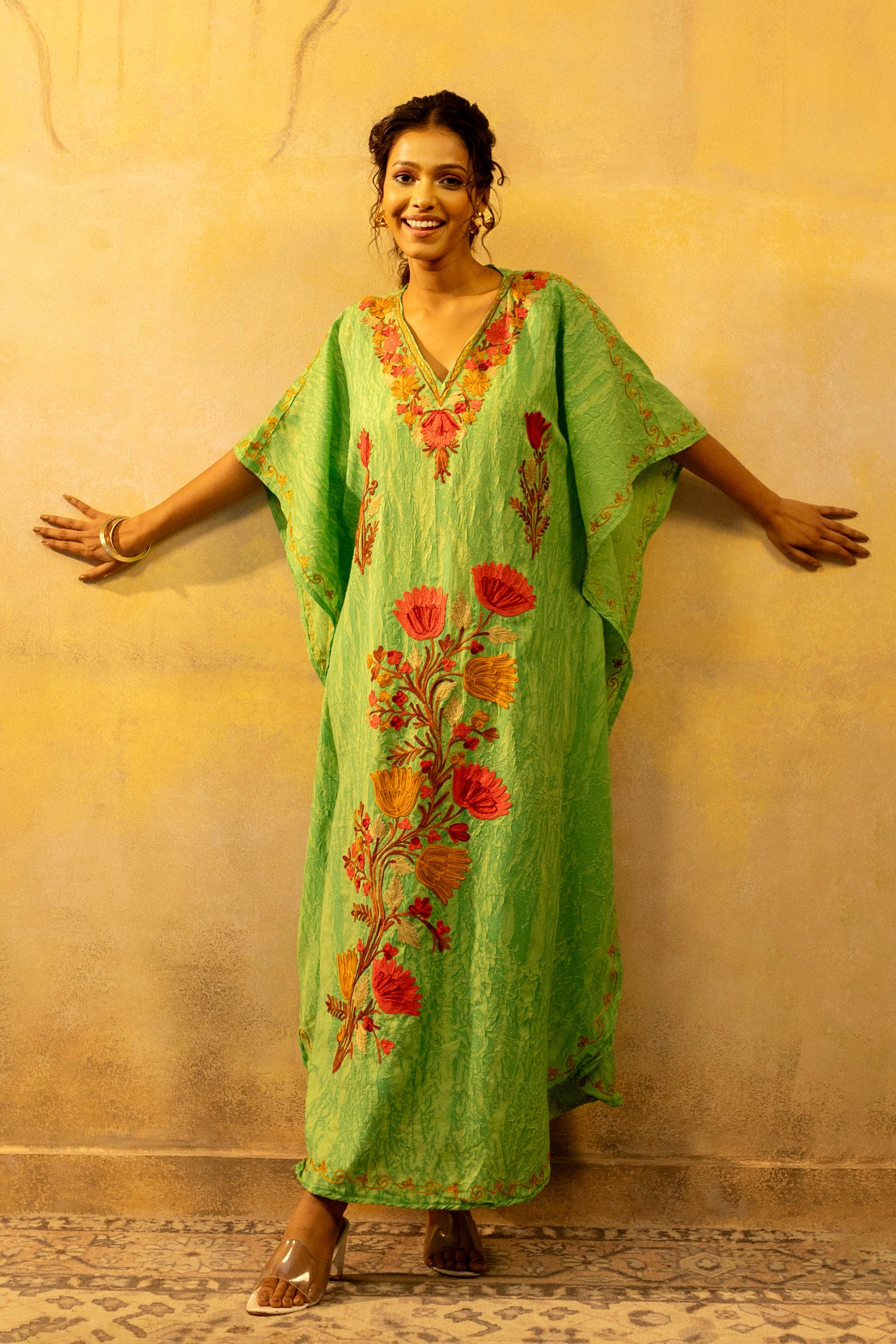 Glam_Green_Kashmiri_Summer_Long_Cotton_Kaftan_shop_Namastay