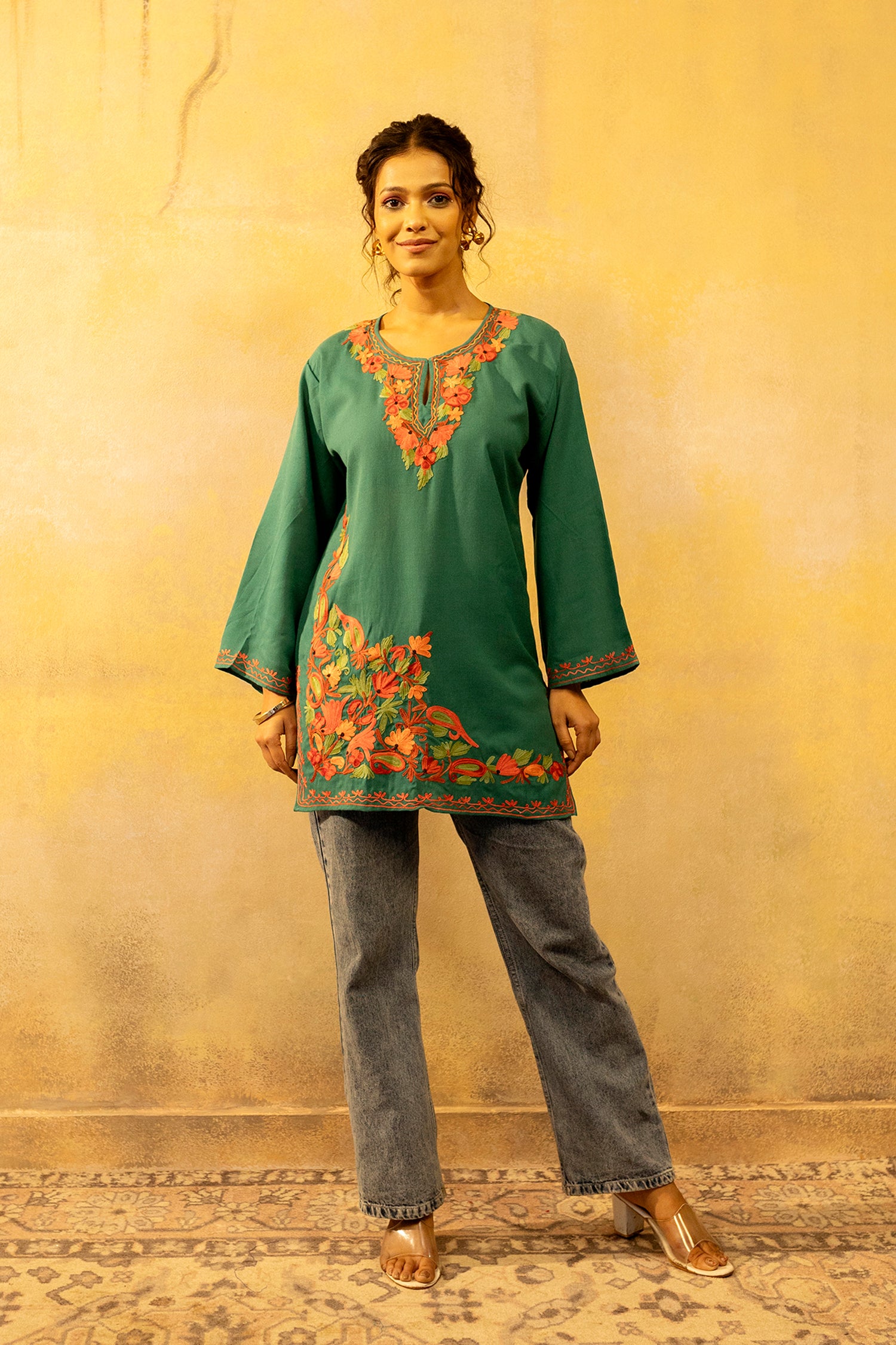 Green_Goddess_Kashmiri_Short_Cotton_Kurta_shop_Namastay