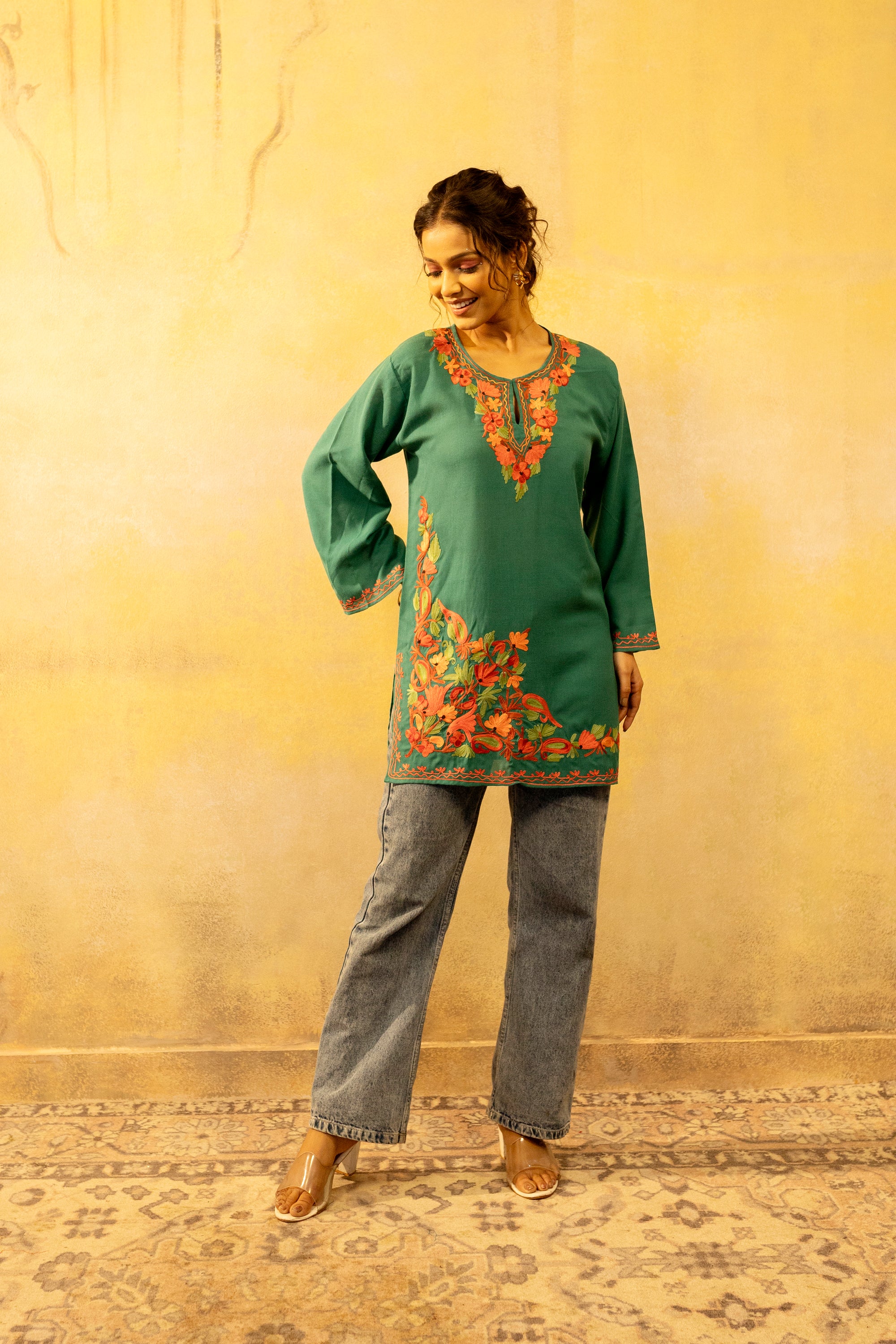 Green_Goddess_Kashmiri_Short_Cotton_Kurta_shop_Namastay