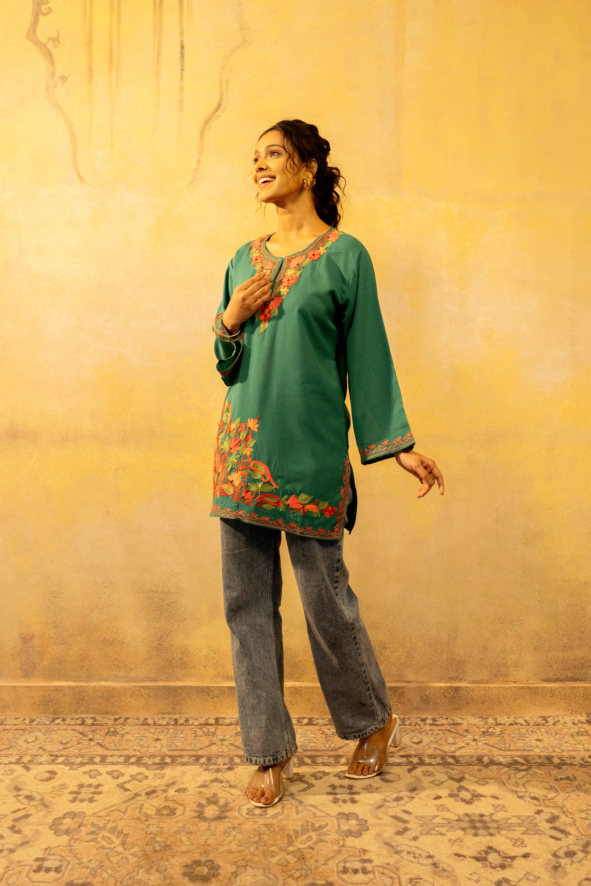 Green_Goddess_Kashmiri_Short_Cotton_Kurta_shop_Namastay