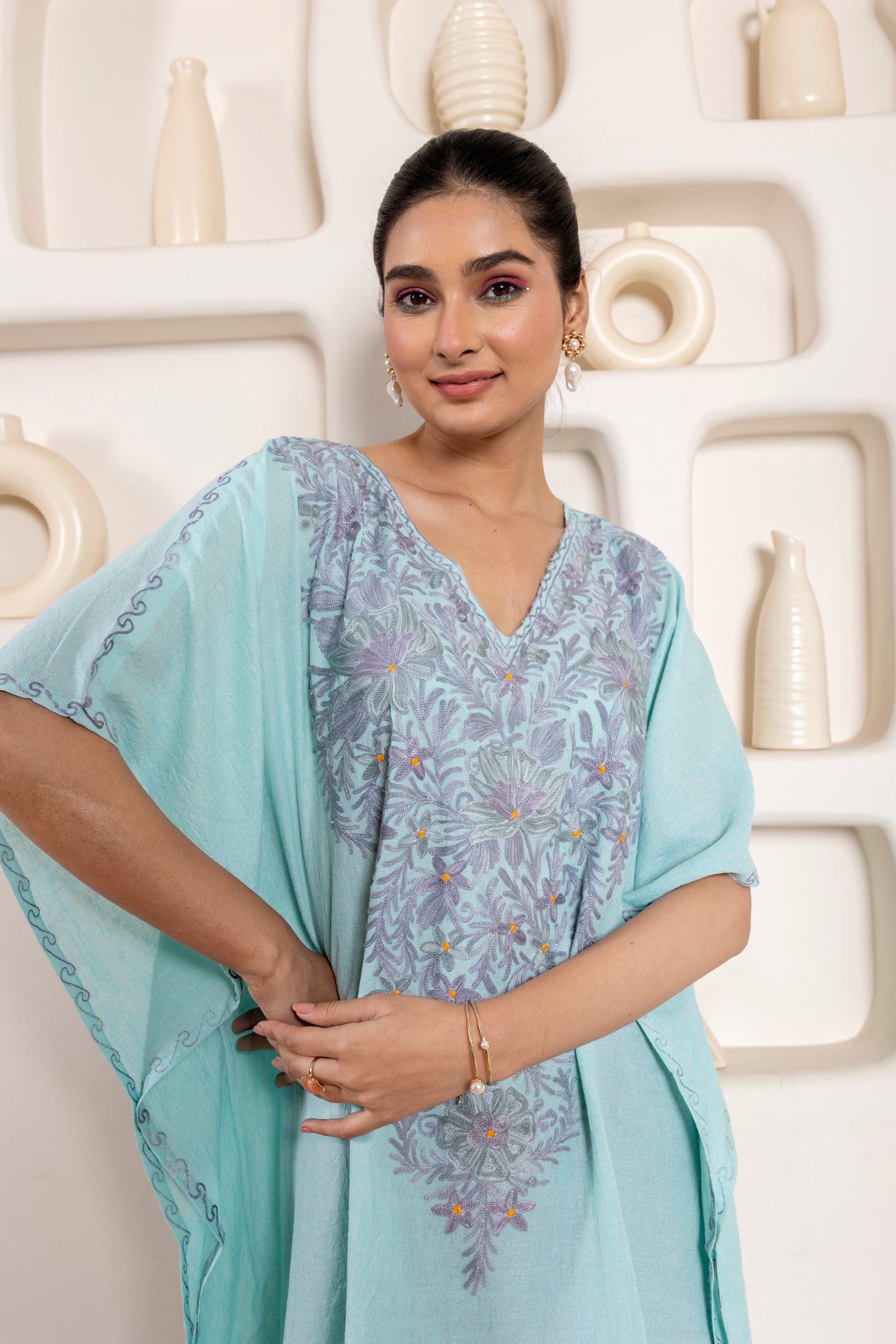 Beach_Blue_Kashmiri_Summer_Short_Cotton_Kaftan_shop_Namastay