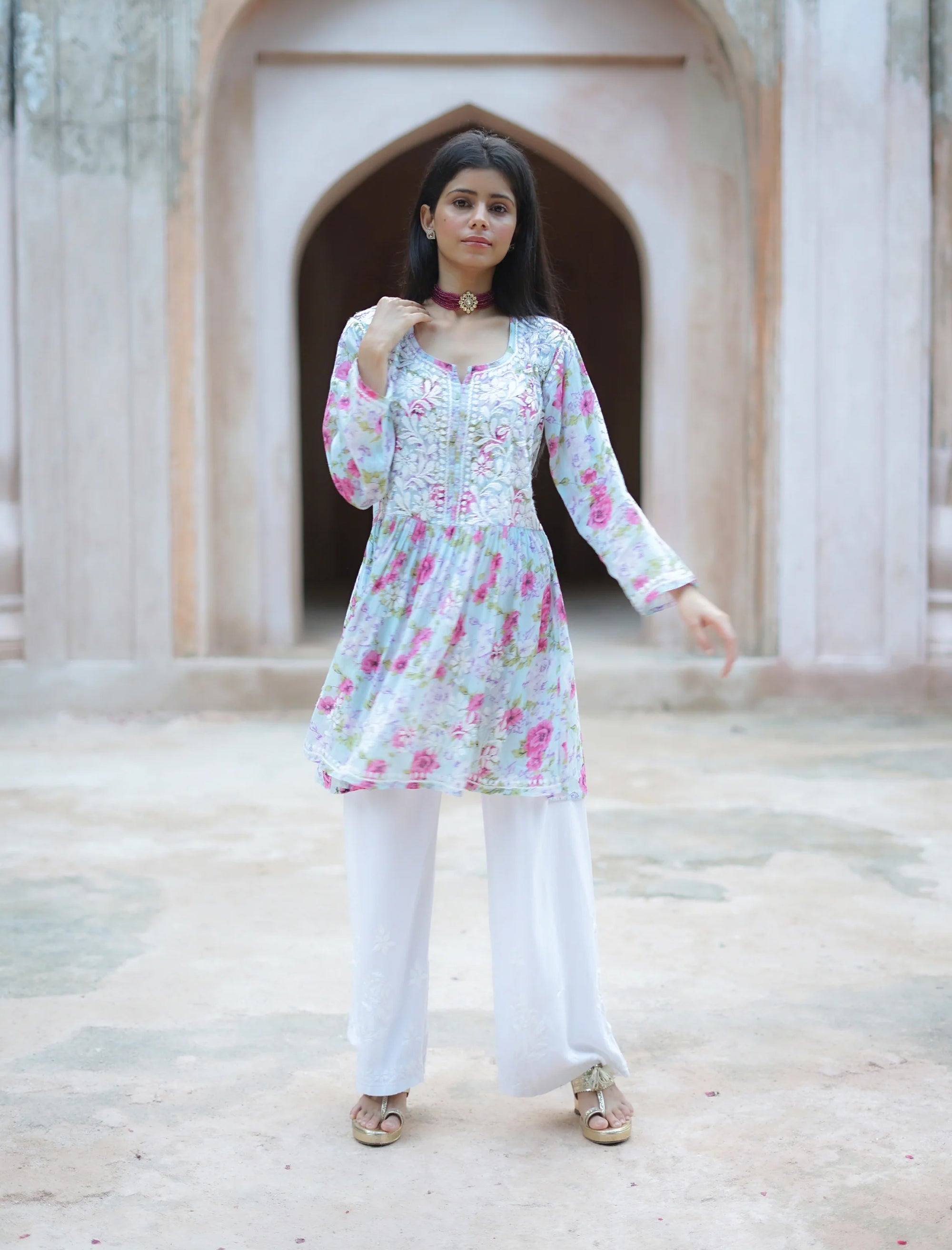 Fiza_Flared_Anakarli_Short_Printed_Chikankari_Cotton_Kurta_shop_Namastay