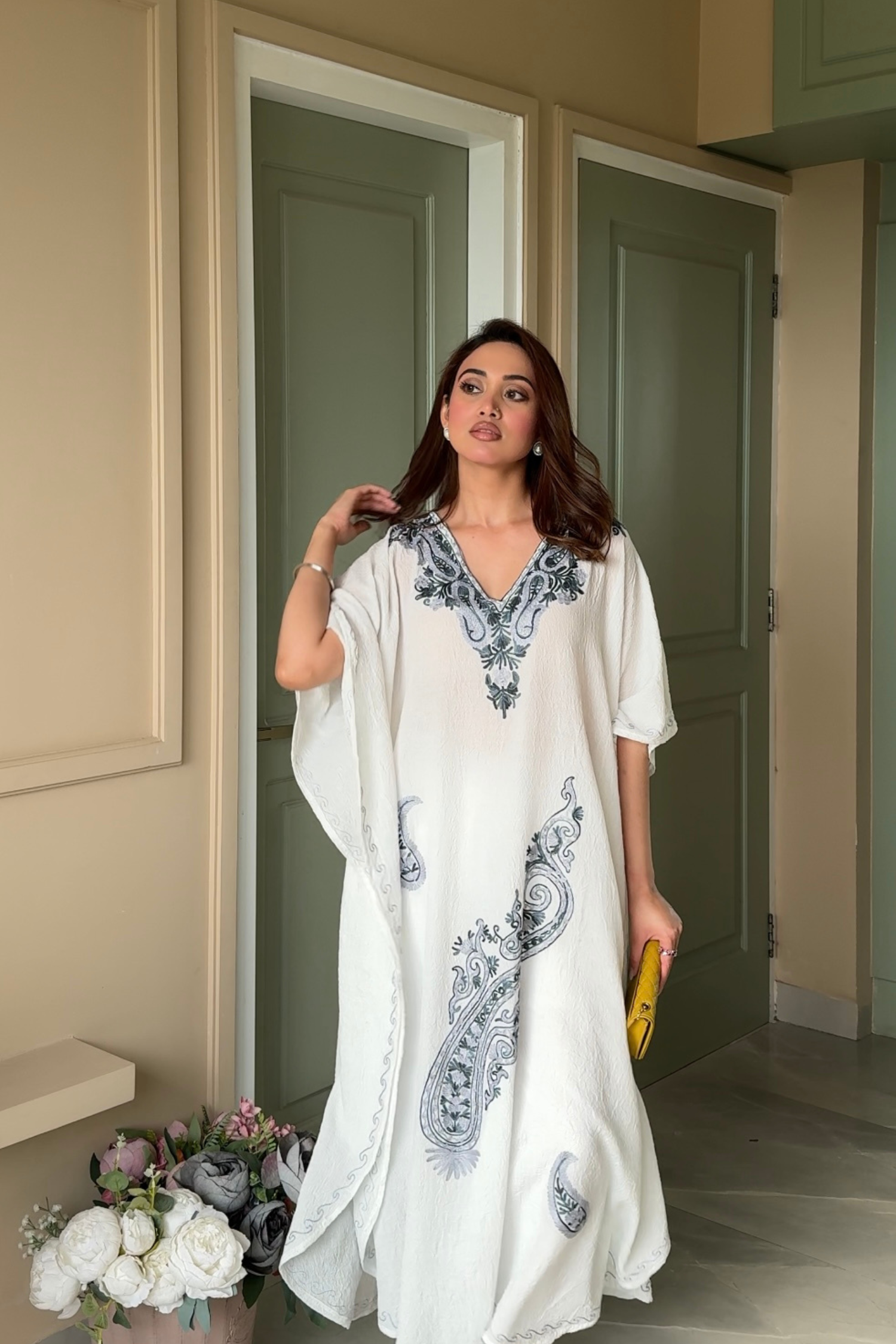 Ishita Sandhu in Ivory Kashmiri Embroidered Long Cotton Kaftan