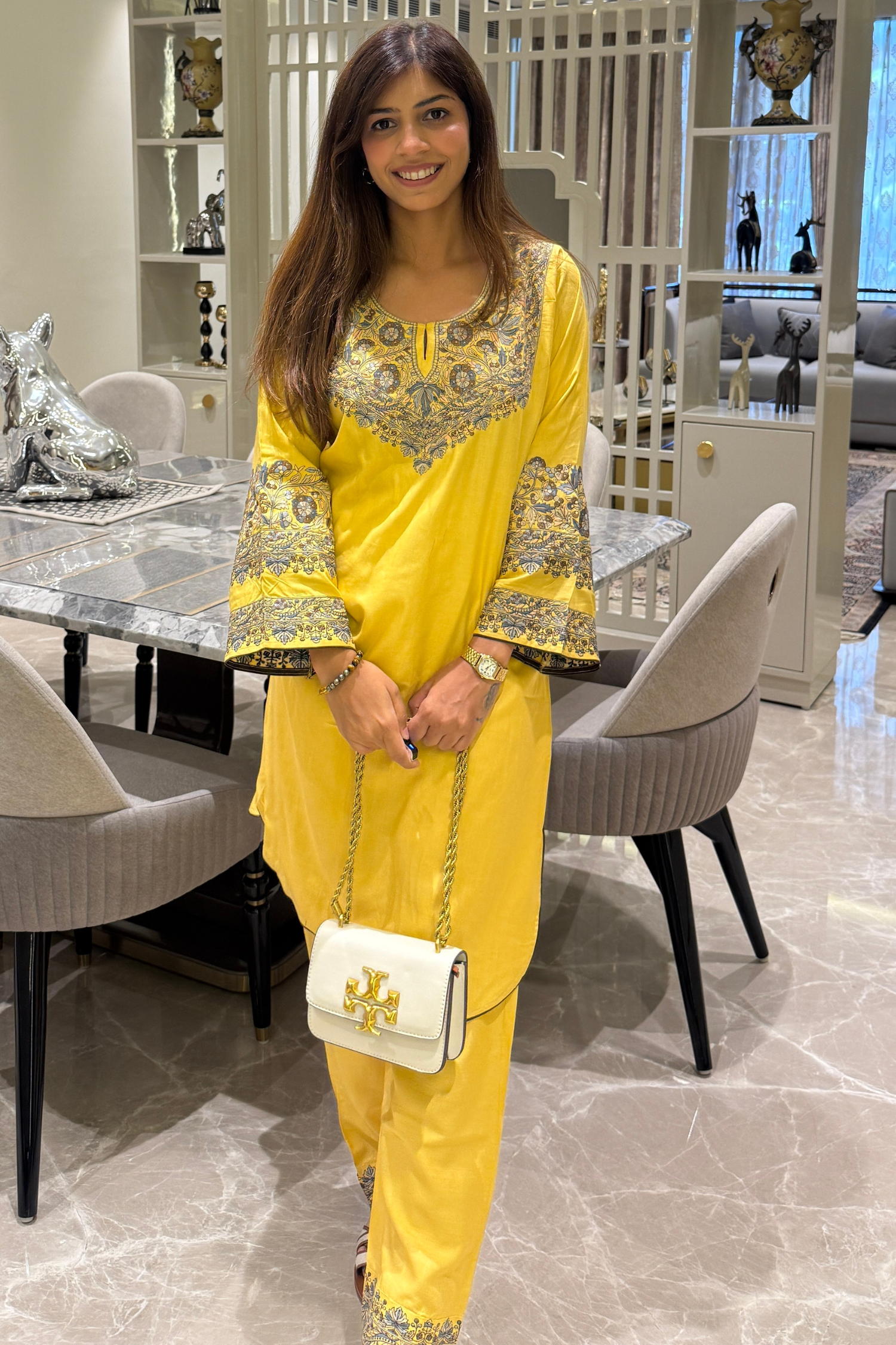 Ankita Kheterapal In Iman Biscotti Yellow Kashmiri Kurta Co-ord with Pants Set