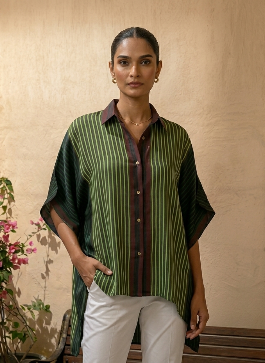 Faraz Modal Silk Ajrakh Handblocked Stripes Kaftan Blue Shirt