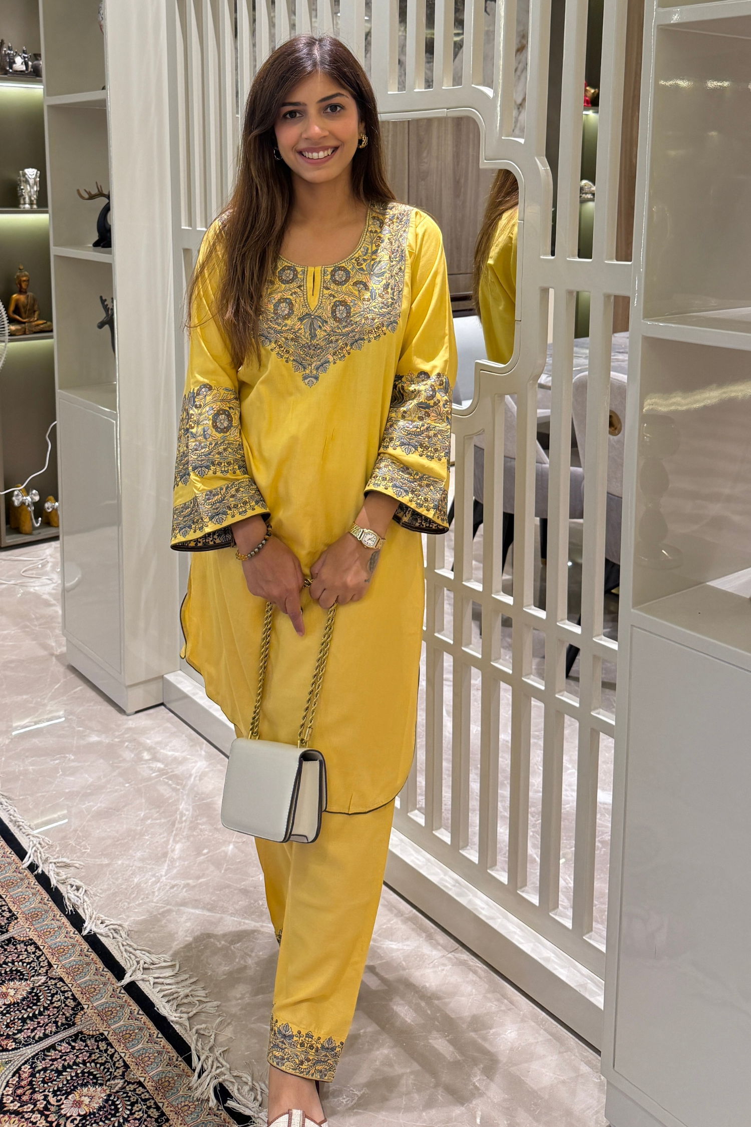 Ankita Kheterapal In Iman Biscotti Yellow Kashmiri Kurta Co-ord with Pants Set