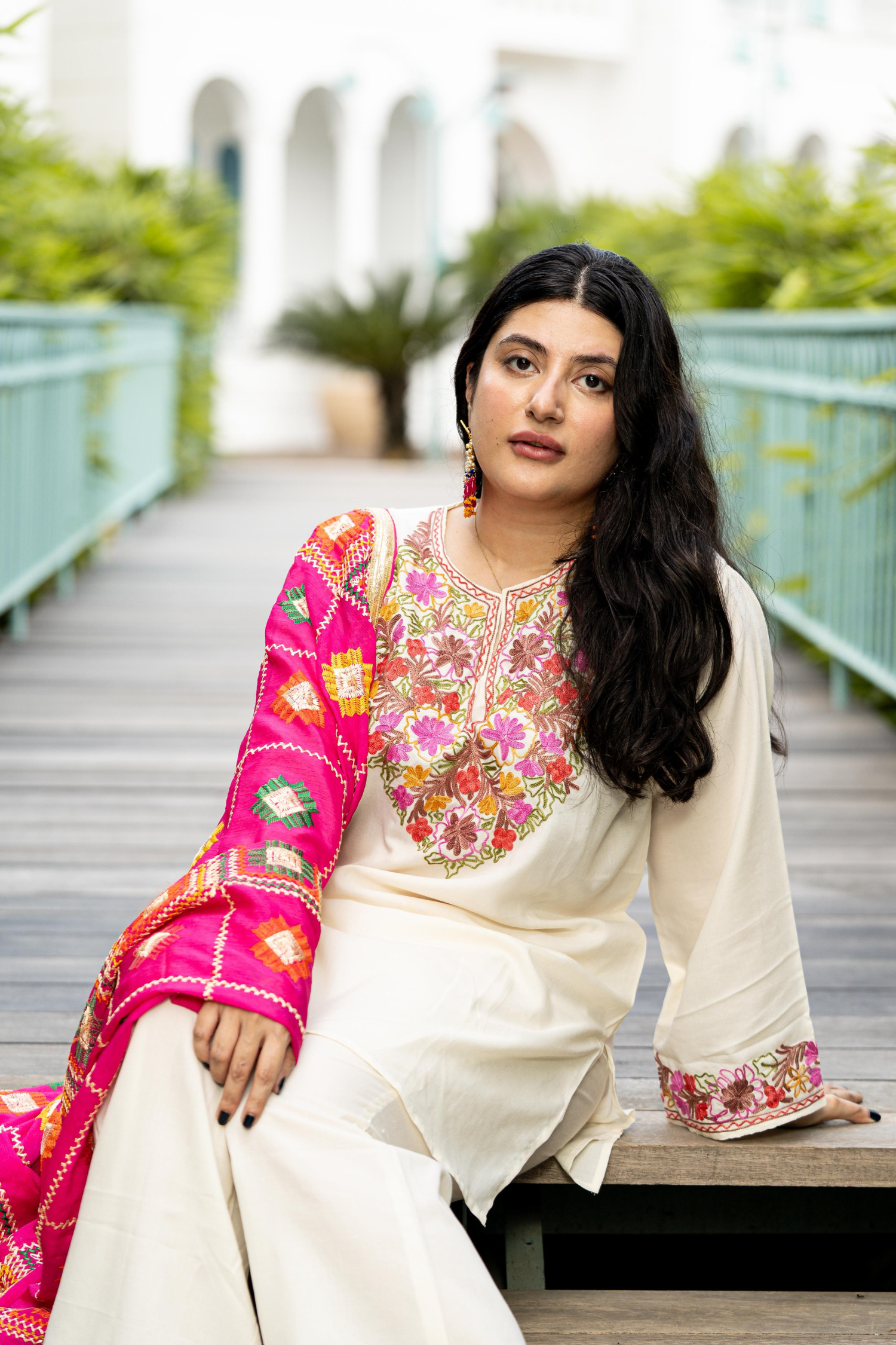 Trishala Sikka In XoXo White Kashmiri Coord Cotton Kurta Pants Set