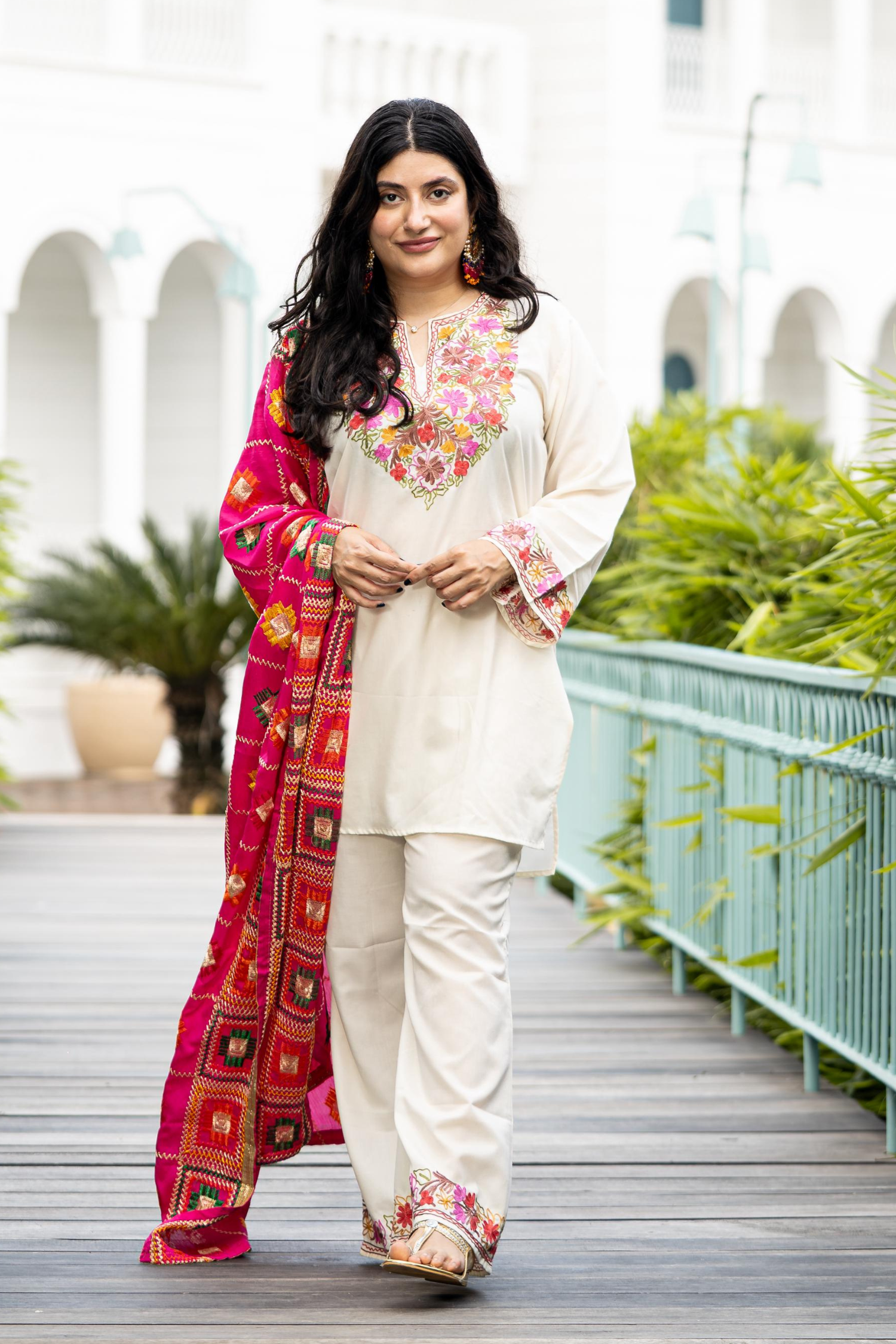 Trishala Sikka In XoXo White Kashmiri Coord Cotton Kurta Pants Set