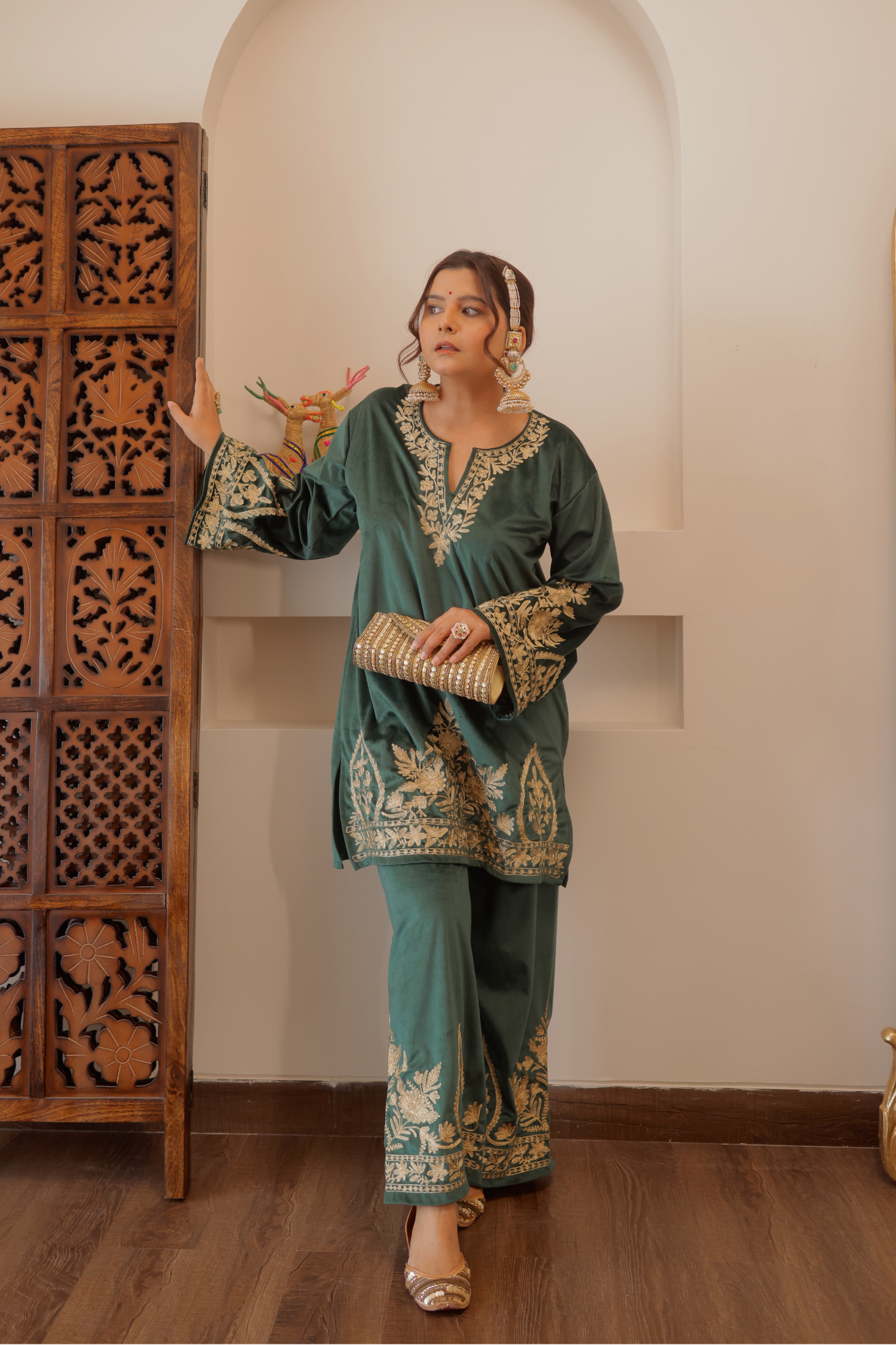 Radhika bharadwaj in Malika Zari Embroidered Green Velvet Coord Kurta Set