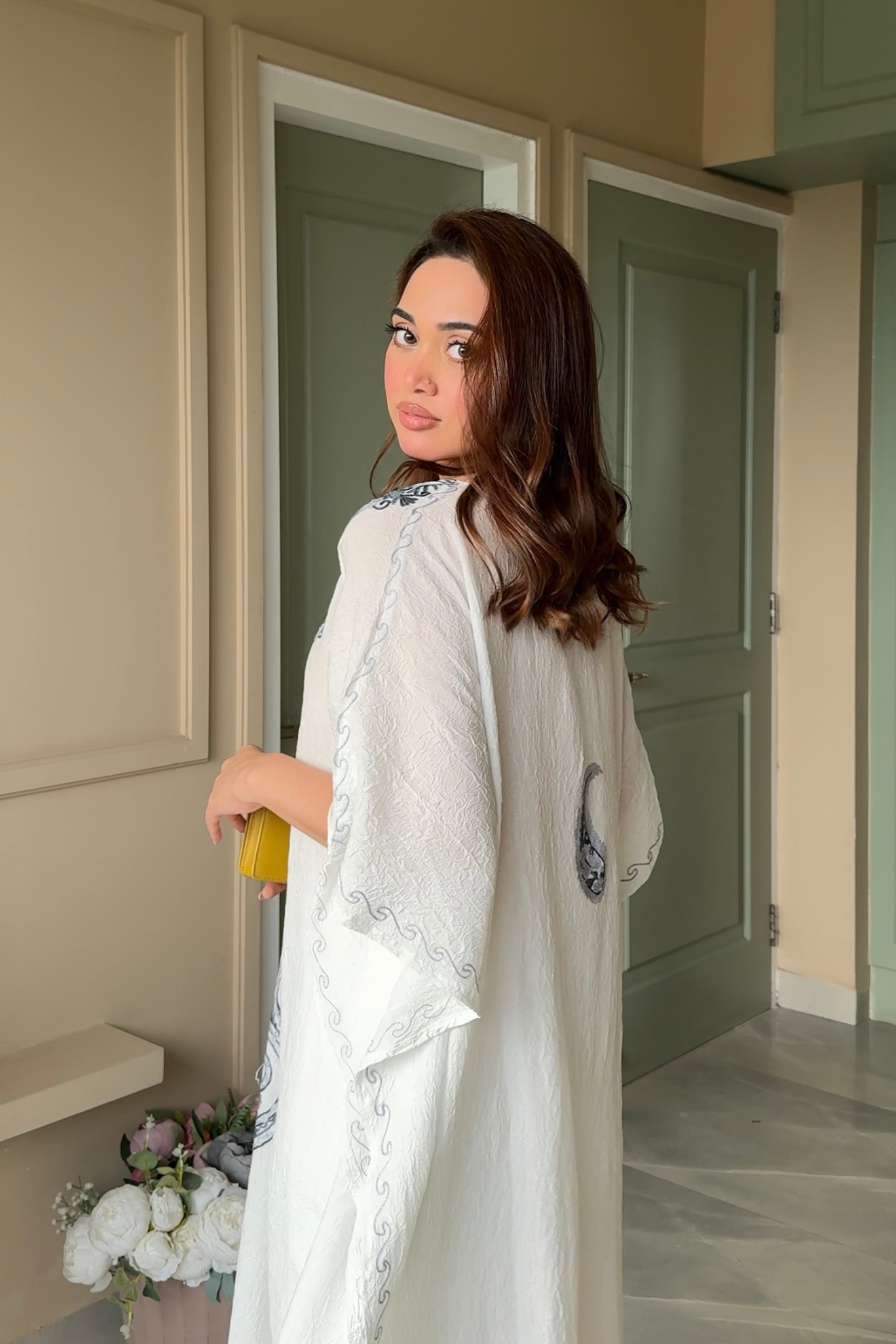 Ishita Sandhu in Ivory Kashmiri Embroidered Long Cotton Kaftan