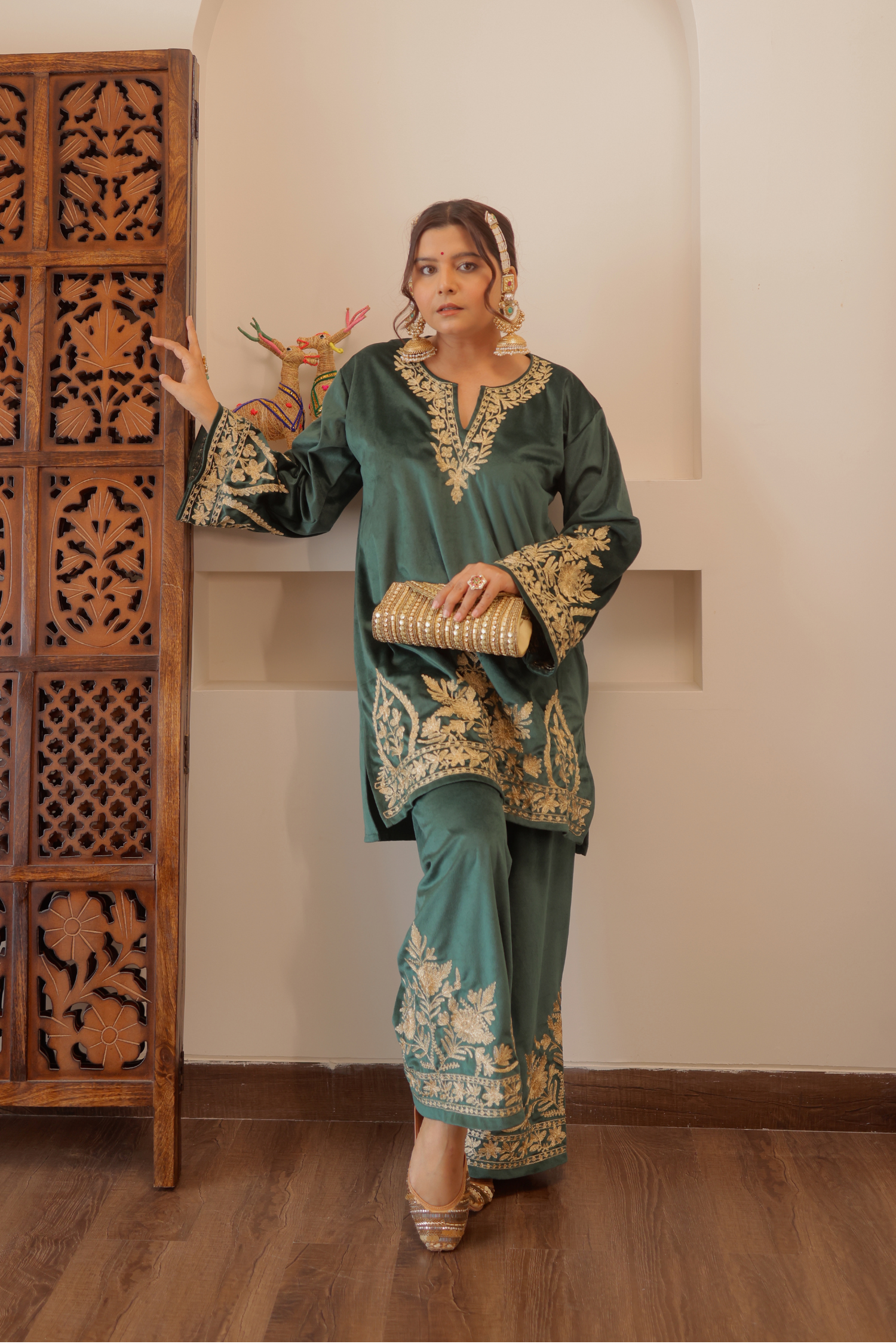 Radhika bharadwaj in Malika Zari Embroidered Green Velvet Coord Kurta Set