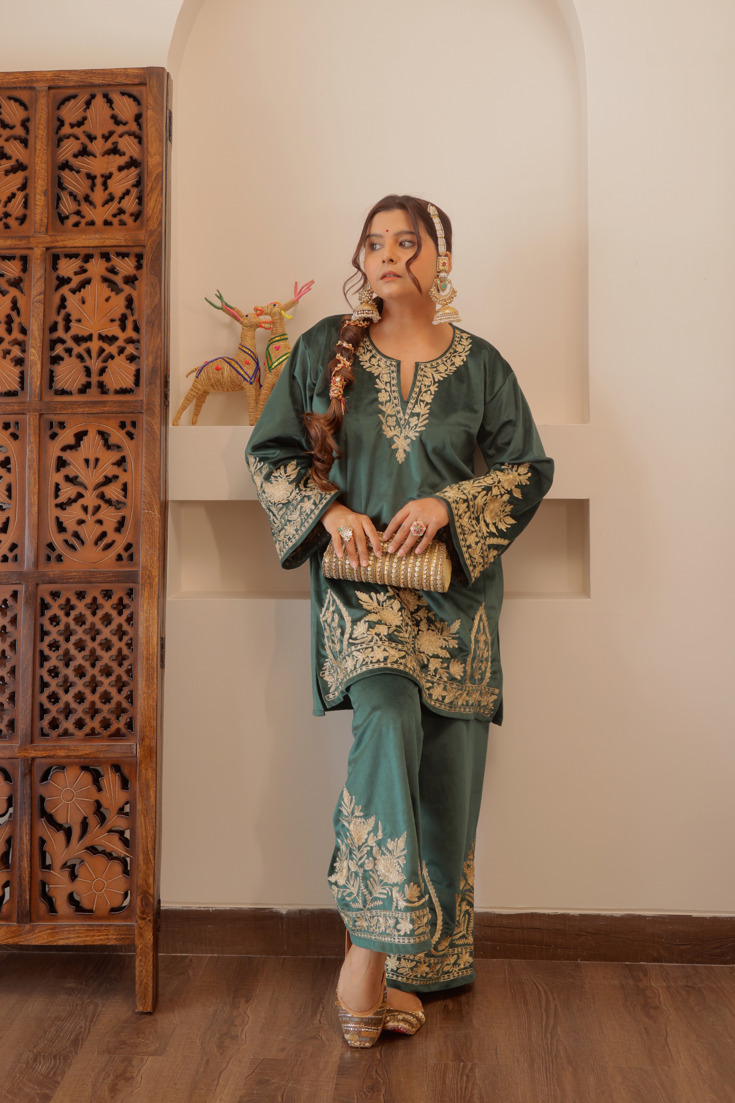 Radhika bharadwaj in Malika Zari Embroidered Green Velvet Coord Kurta Set