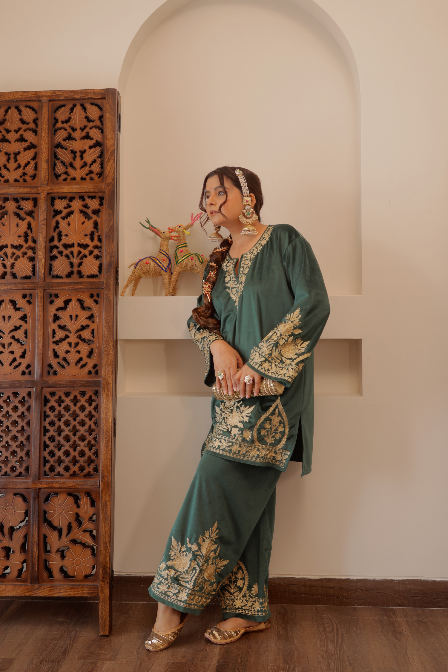 Radhika bharadwaj in Malika Zari Embroidered Green Velvet Coord Kurta Set