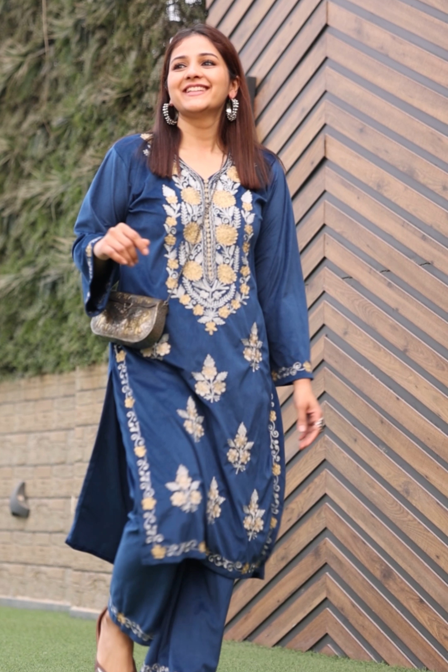 Vatsala Jain wearing Kiran Zari Embroidered Blue Velvet Coord Kurta Set