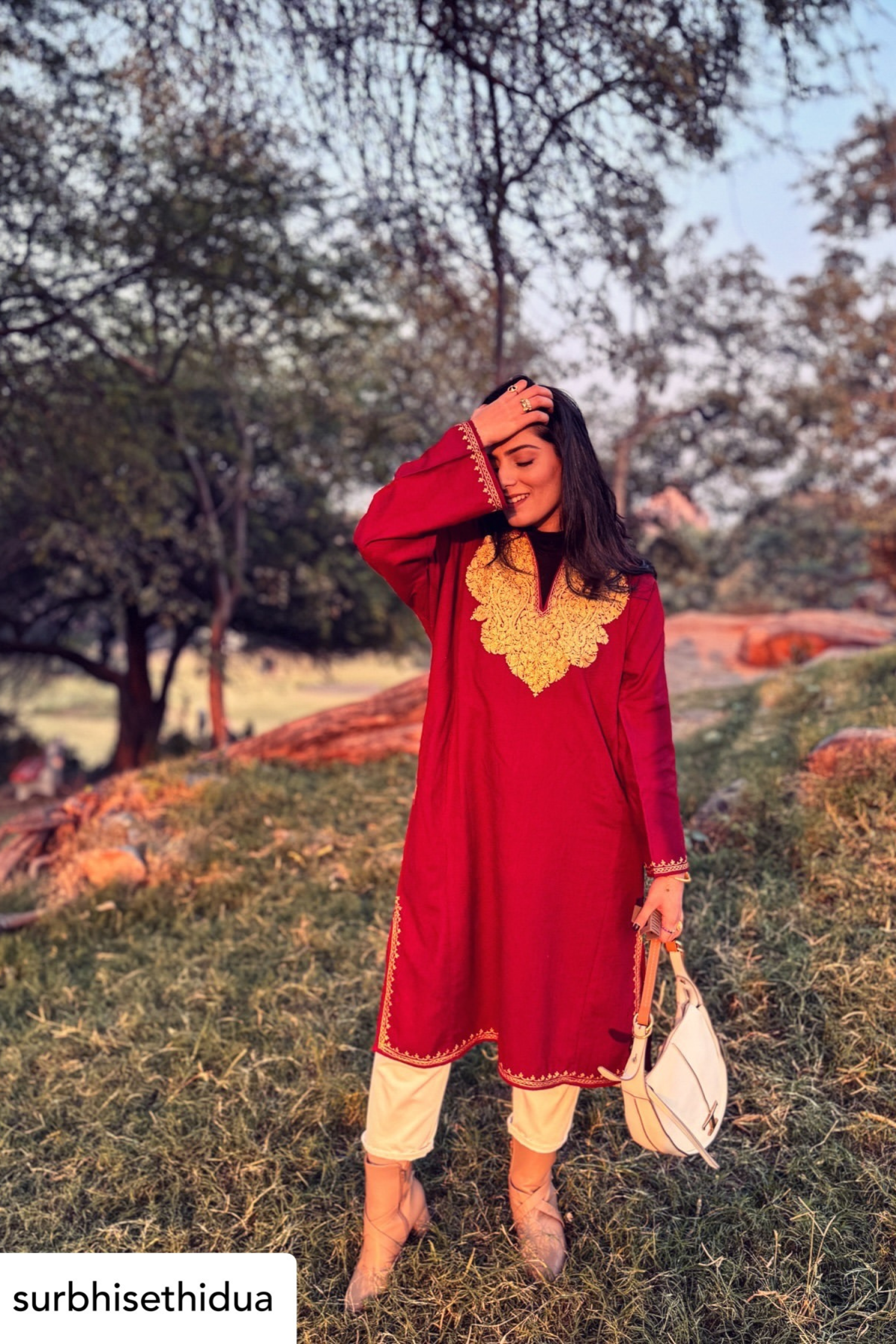 Surbhi sethi dua Surbhi sethi dua wearing Lyla Red Kashmiri Woollen Phiran with Zari Embroidery