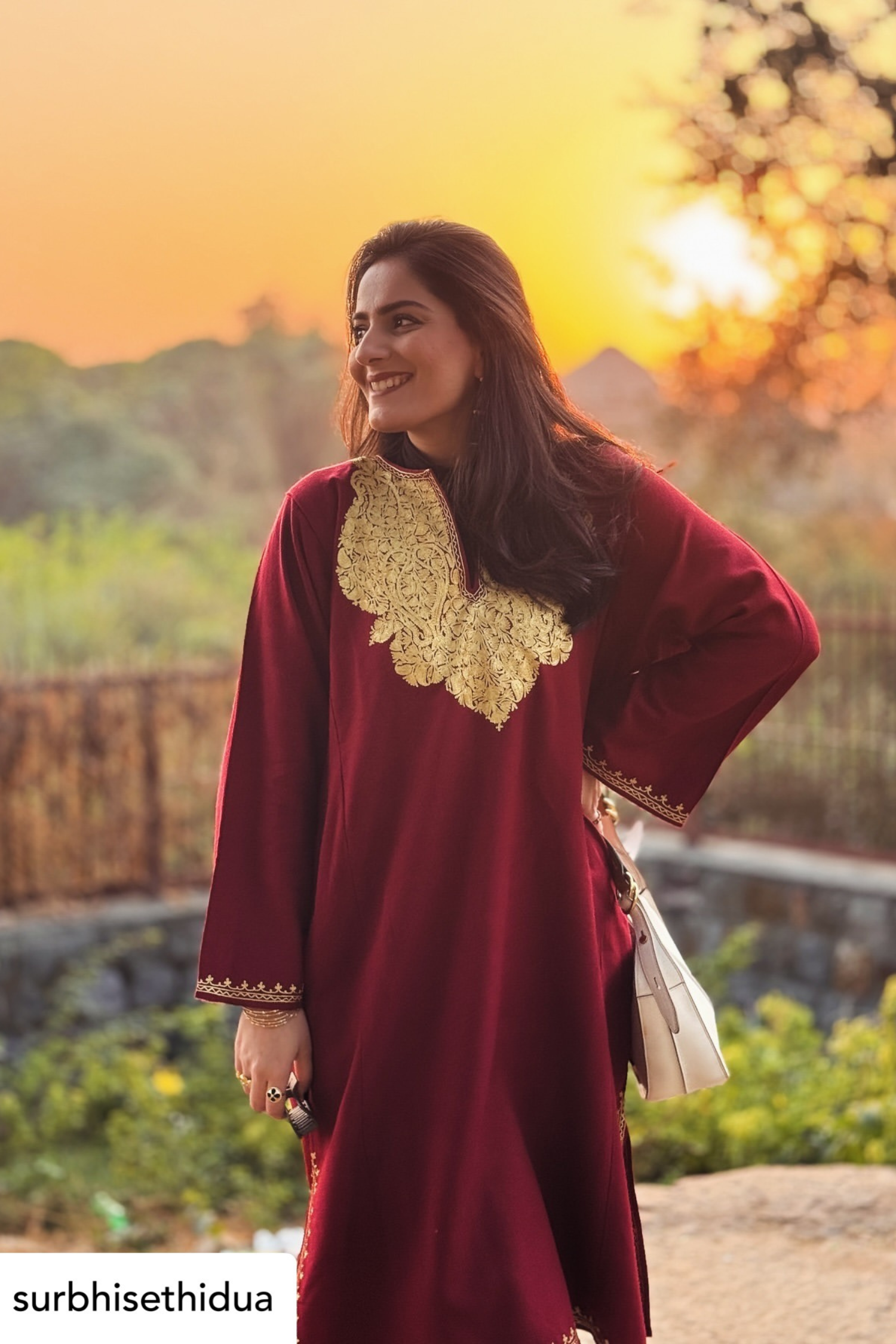 Surbhi sethi dua Surbhi sethi dua wearing Lyla Red Kashmiri Woollen Phiran with Zari Embroidery