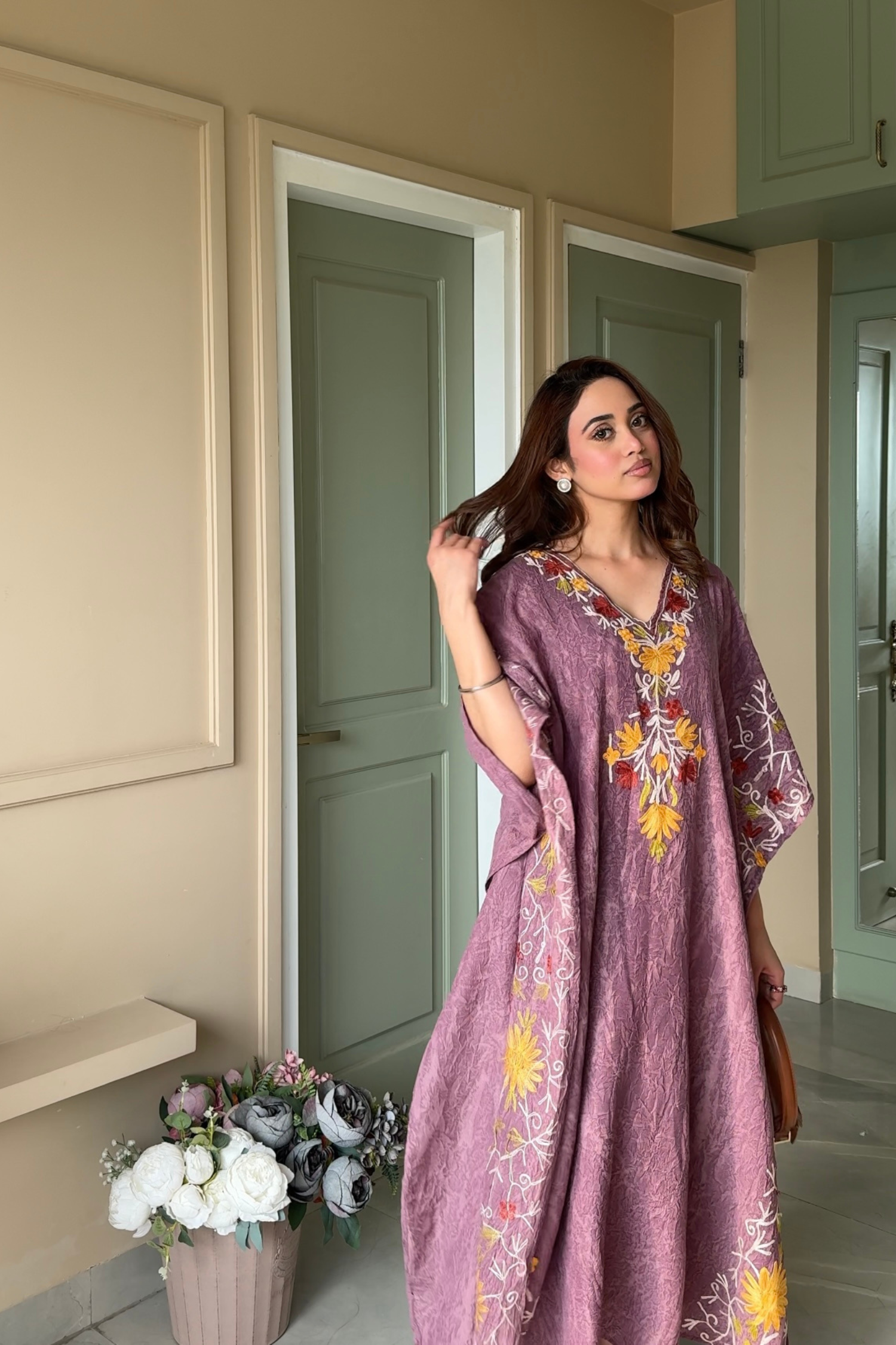Ishita Sandhu in Mauve Aari Embroidered Kashmiri Long Cotton Kaftan