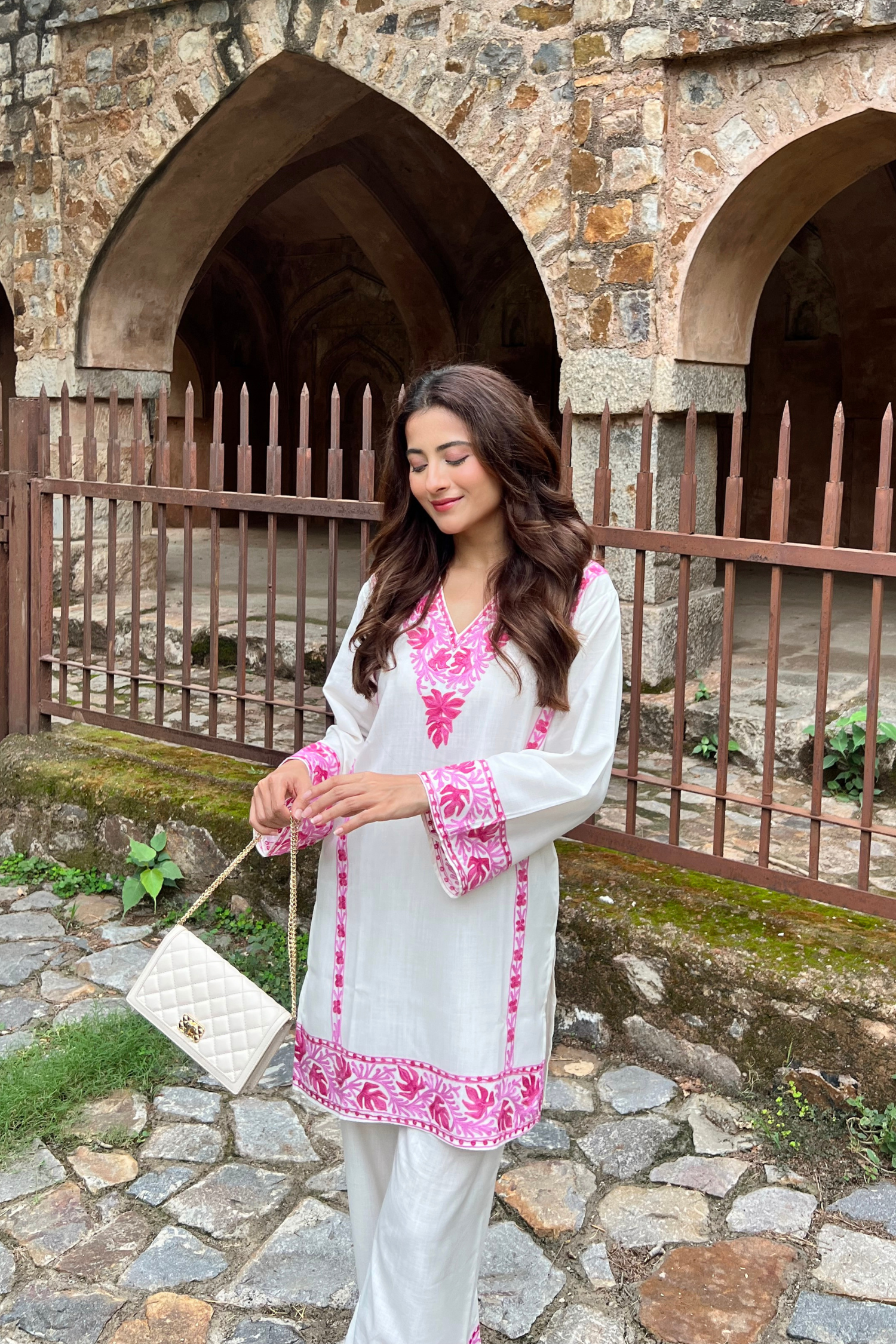 Yashaswinee in our Alia Pink Cotton Kashmiri Kurta and Pants Set