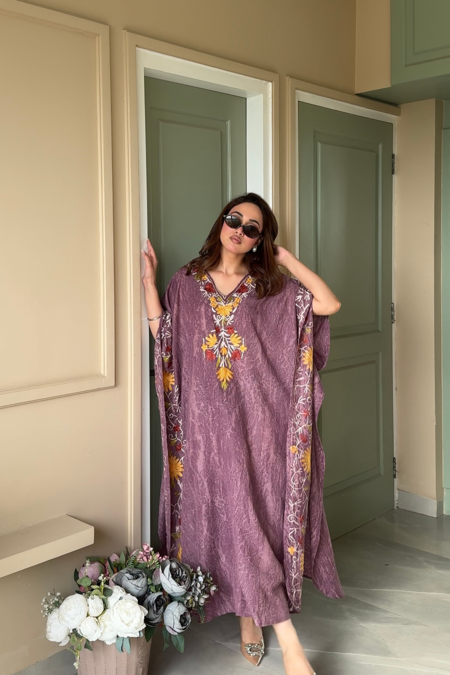 Ishita Sandhu in Mauve Aari Embroidered Kashmiri Long Cotton Kaftan
