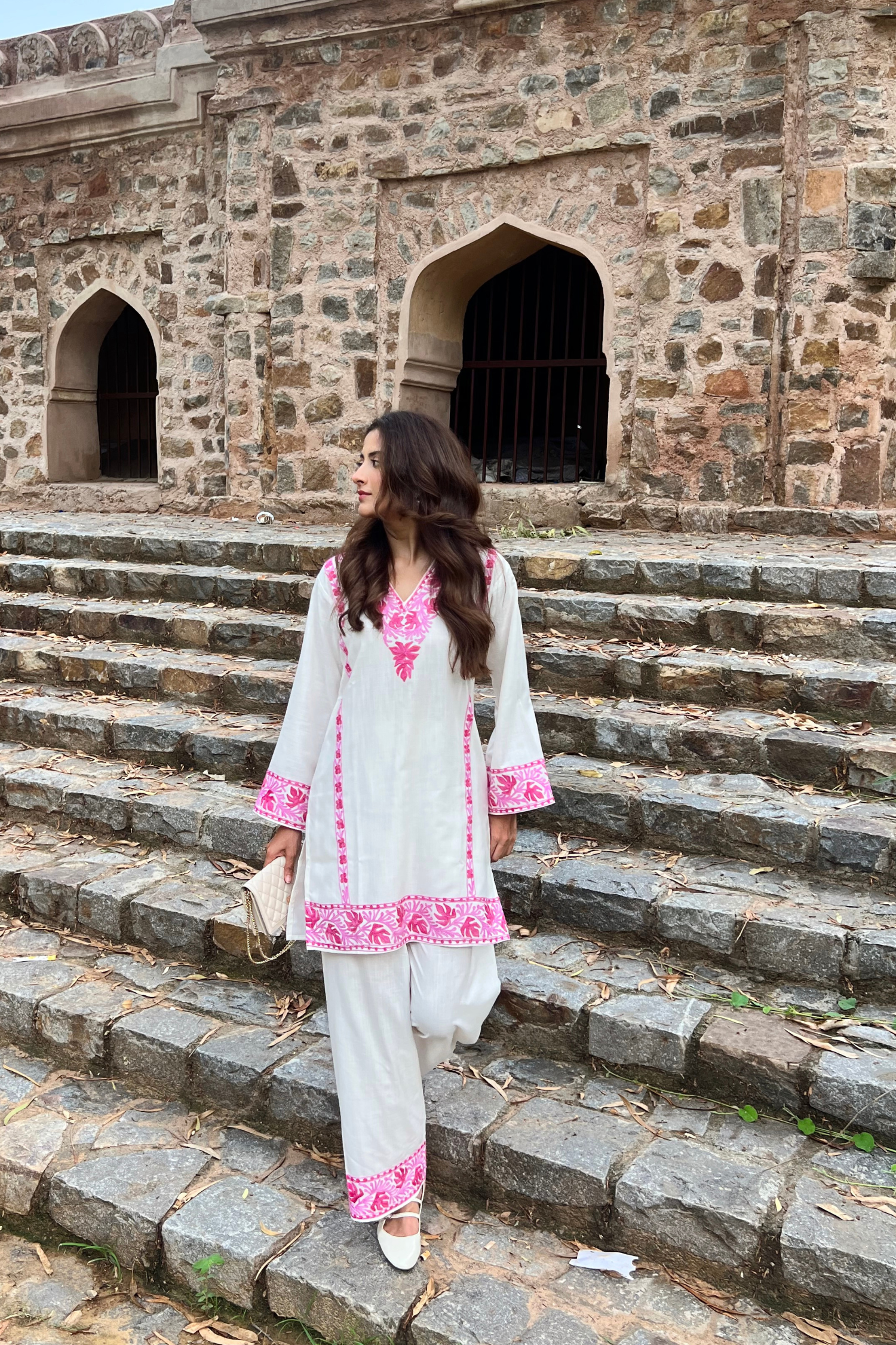 Yashaswinee in our Alia Pink Cotton Kashmiri Kurta and Pants Set