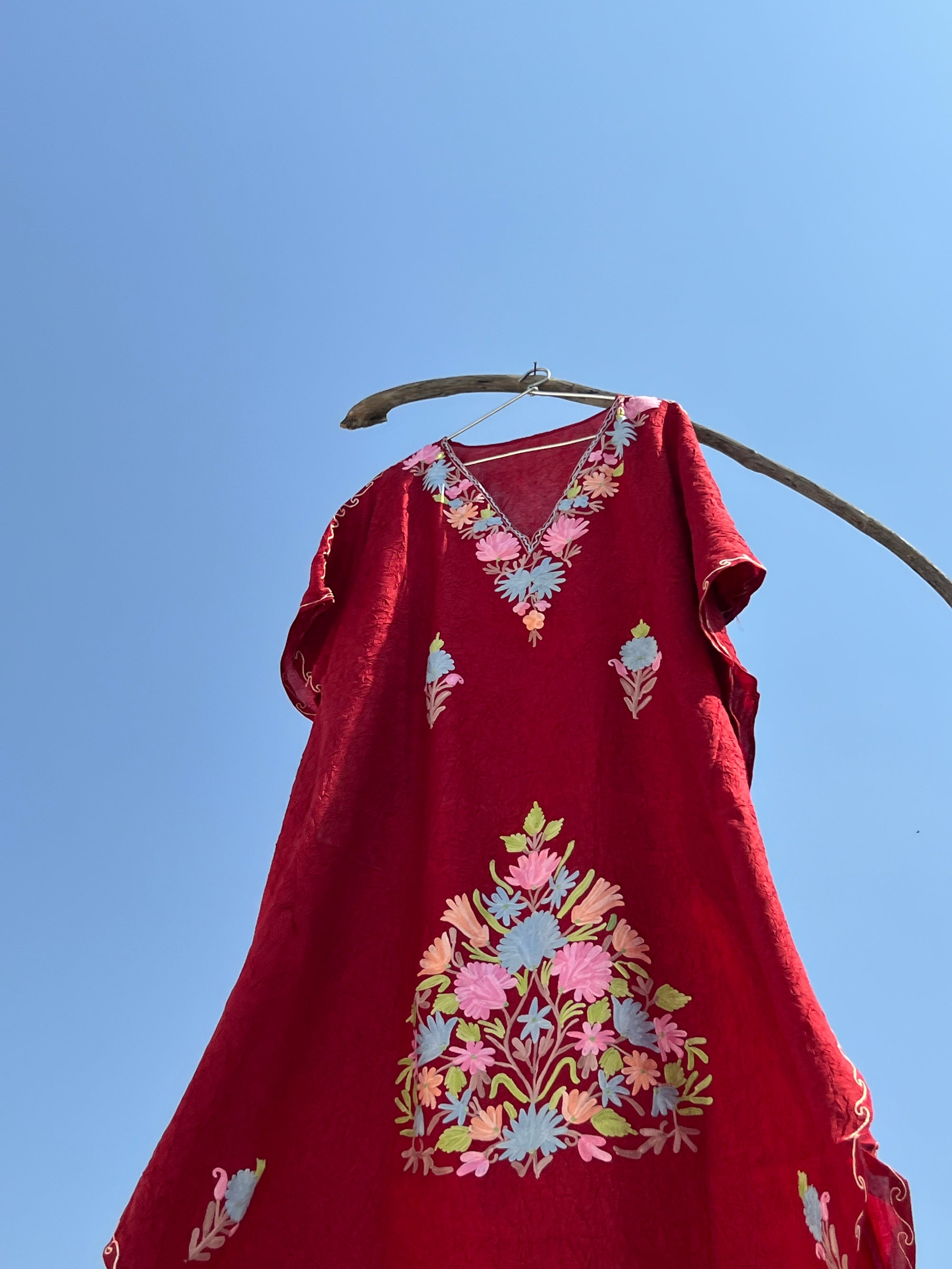 Marsala_Red_Kashmiri_Embroidered_Short_Cotton_Kaftan_shop_Namastay