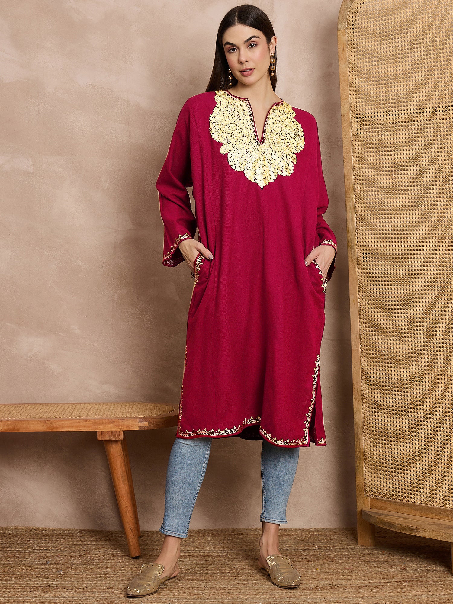 Lyla_Red_Kashmiri_Woollen_Phiran_with_Zari_Embroidery_shop_Namastay