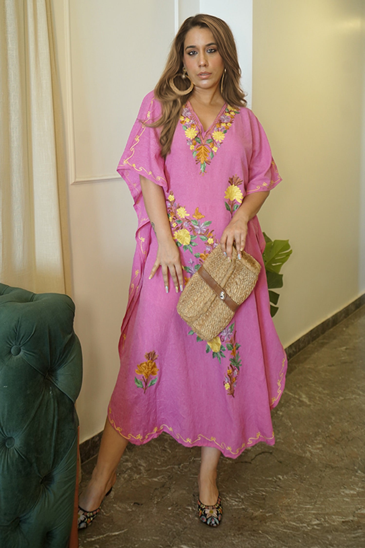 Bubblegum Pink Aari Embroidered Kashmiri Long Cotton Kaftan