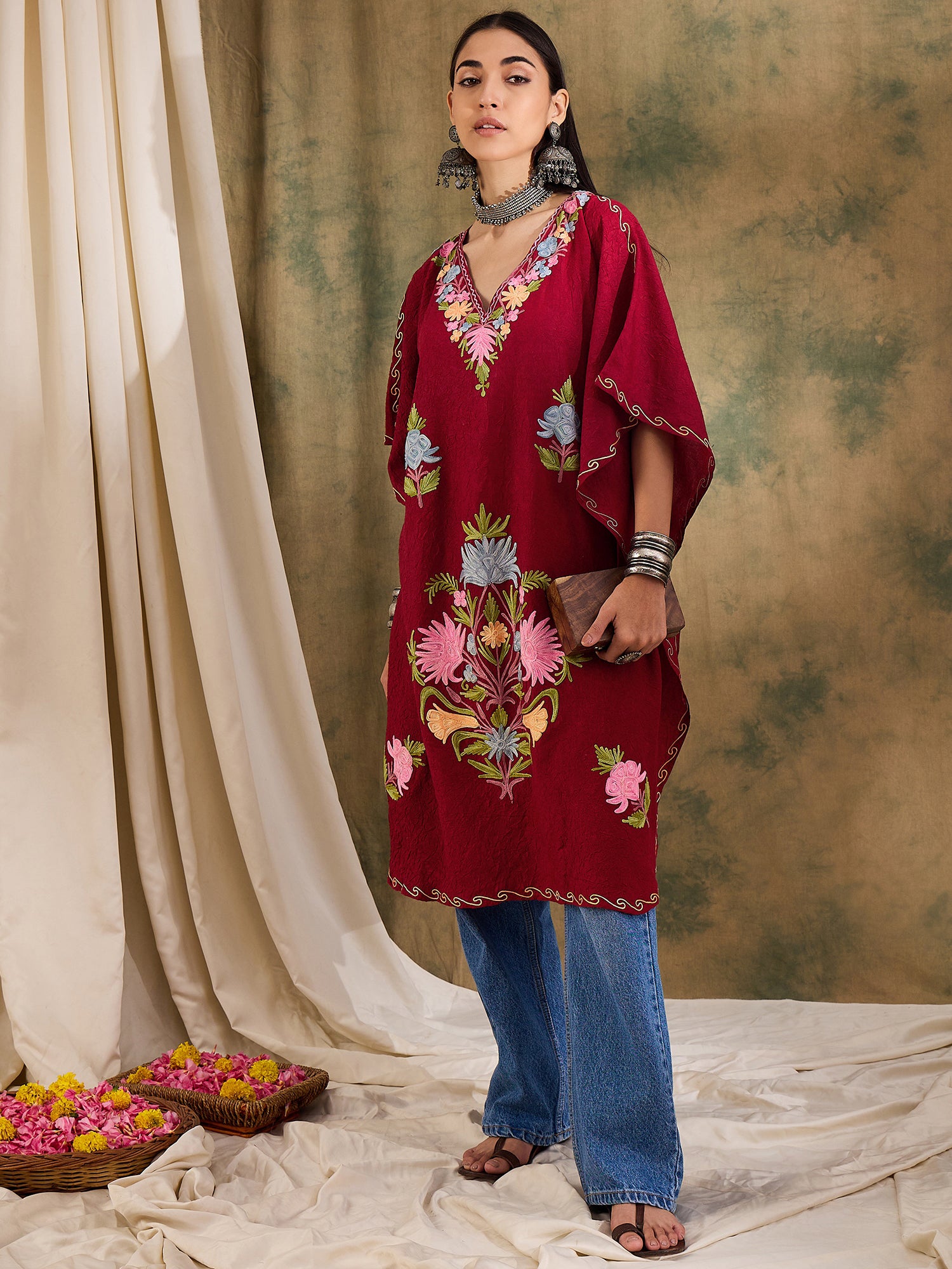 Marsala_Red_Kashmiri_Embroidered_Short_Cotton_Kaftan_shop_Namastay