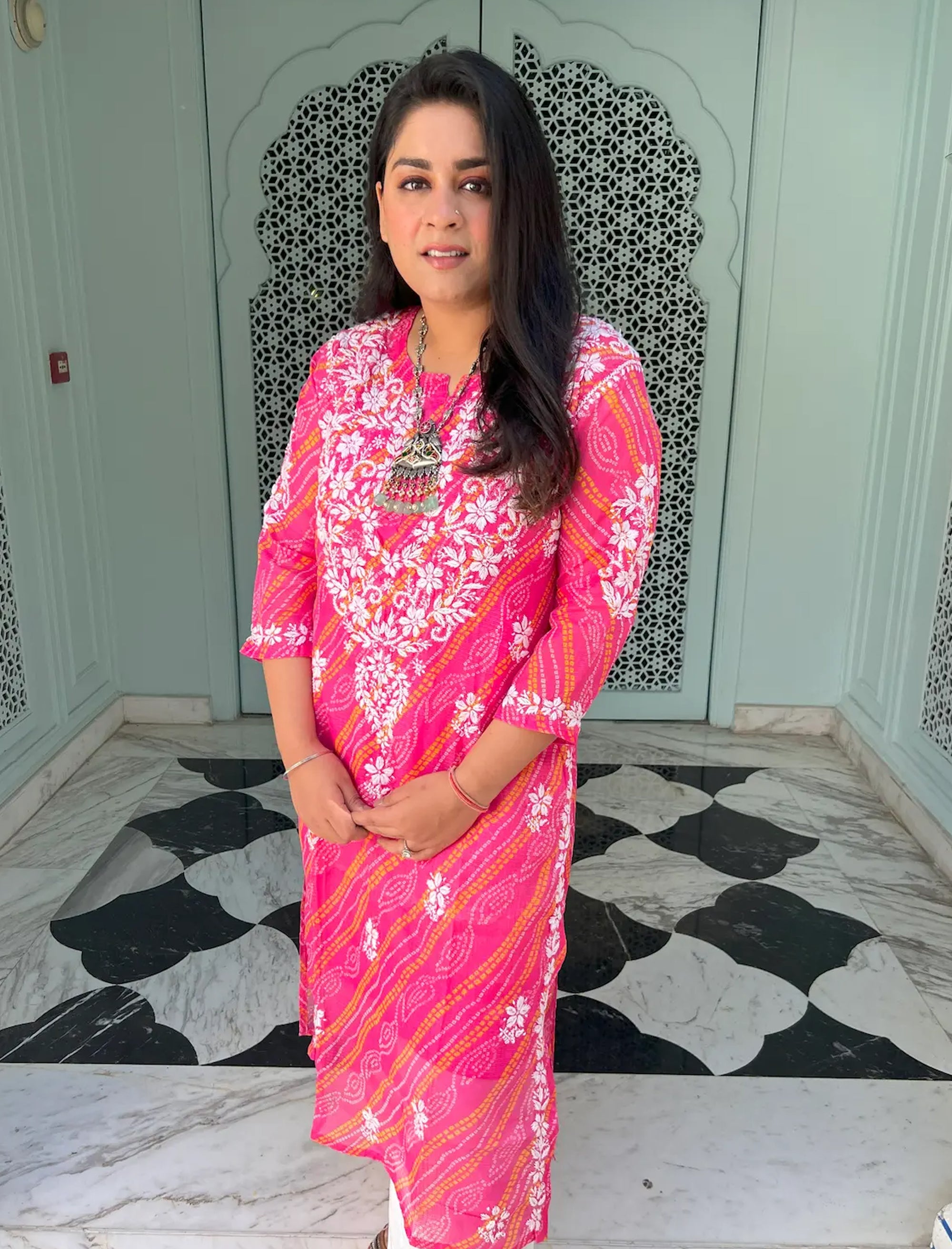 Farhad_Gulab_Bandhej-Chikan_Cotton_Kurta_shop_Namastay
