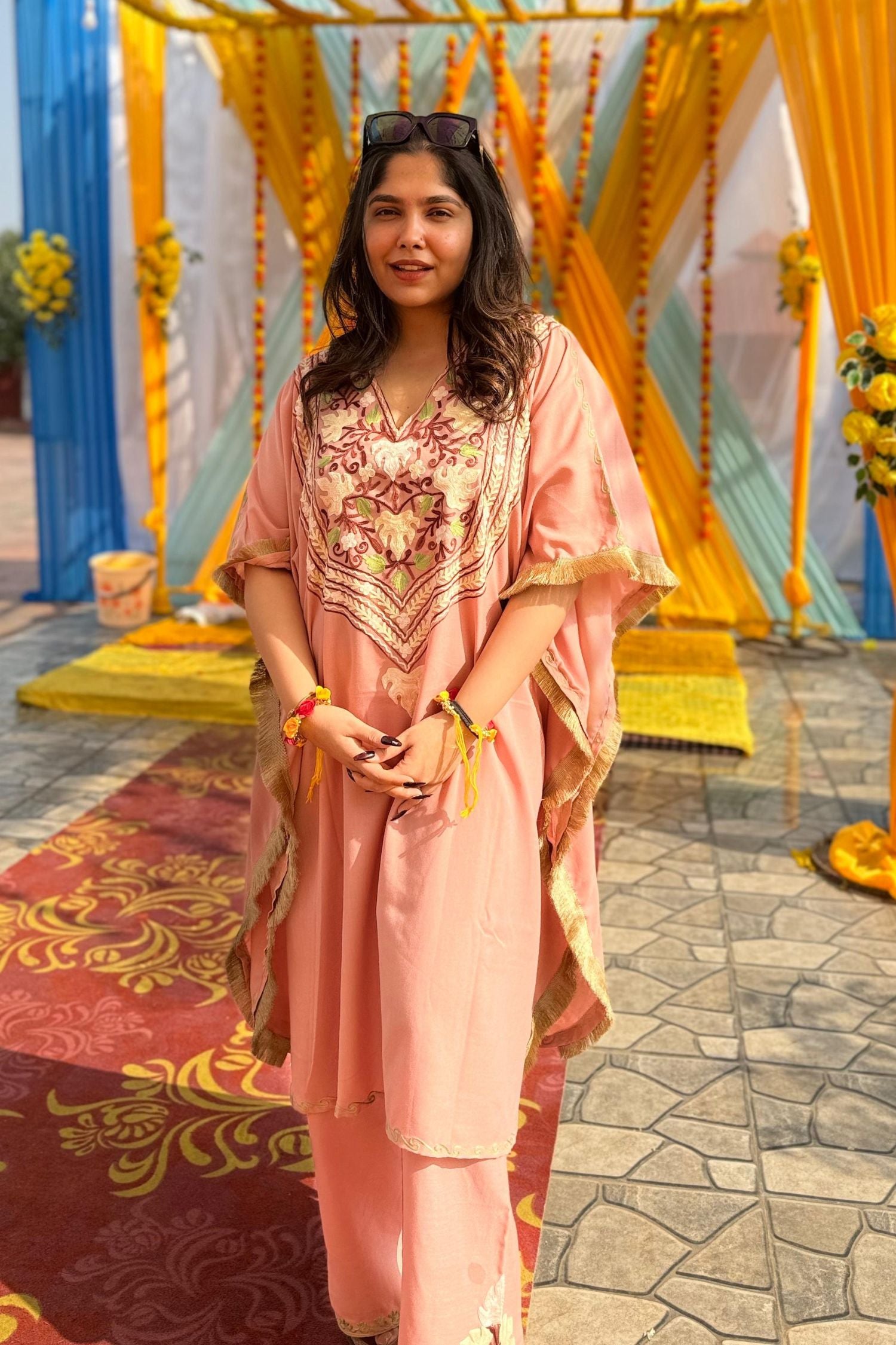 Vagmita in our Vagmita in our Heer Pastel Pink Fringe Kashmiri Kaftan Coord Set