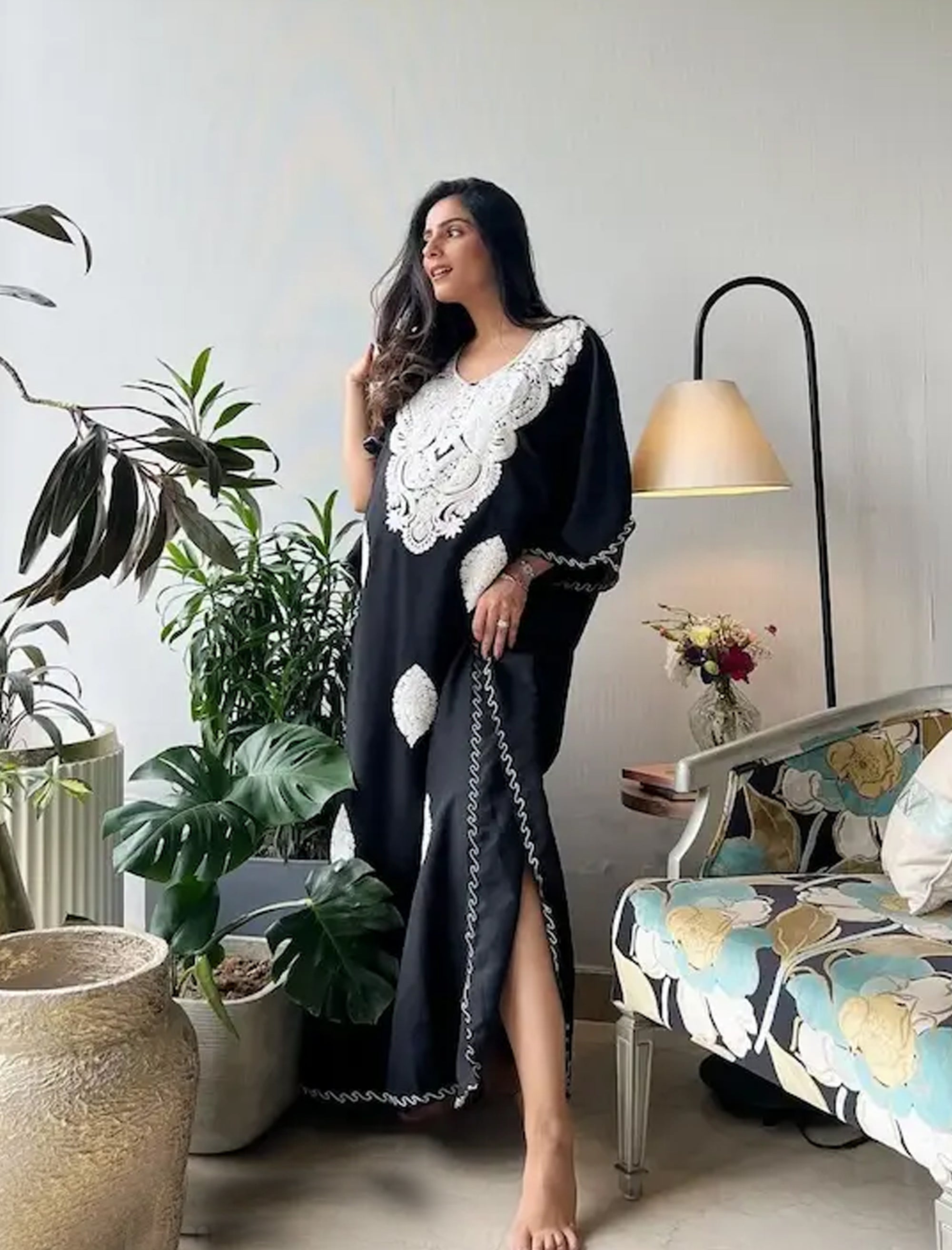 Sable_Black_Kashmiri_Embroidered_Long_Cotton_Kaftan_shop_Namastay