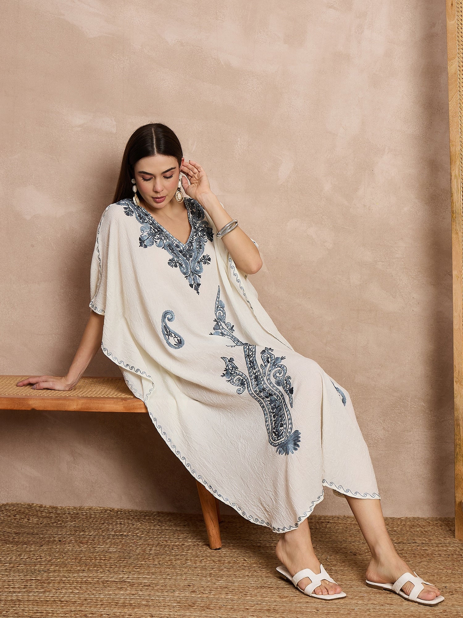Ivory_Kashmiri_Embroidered_Long_Cotton_Kaftan_shop_Namastay