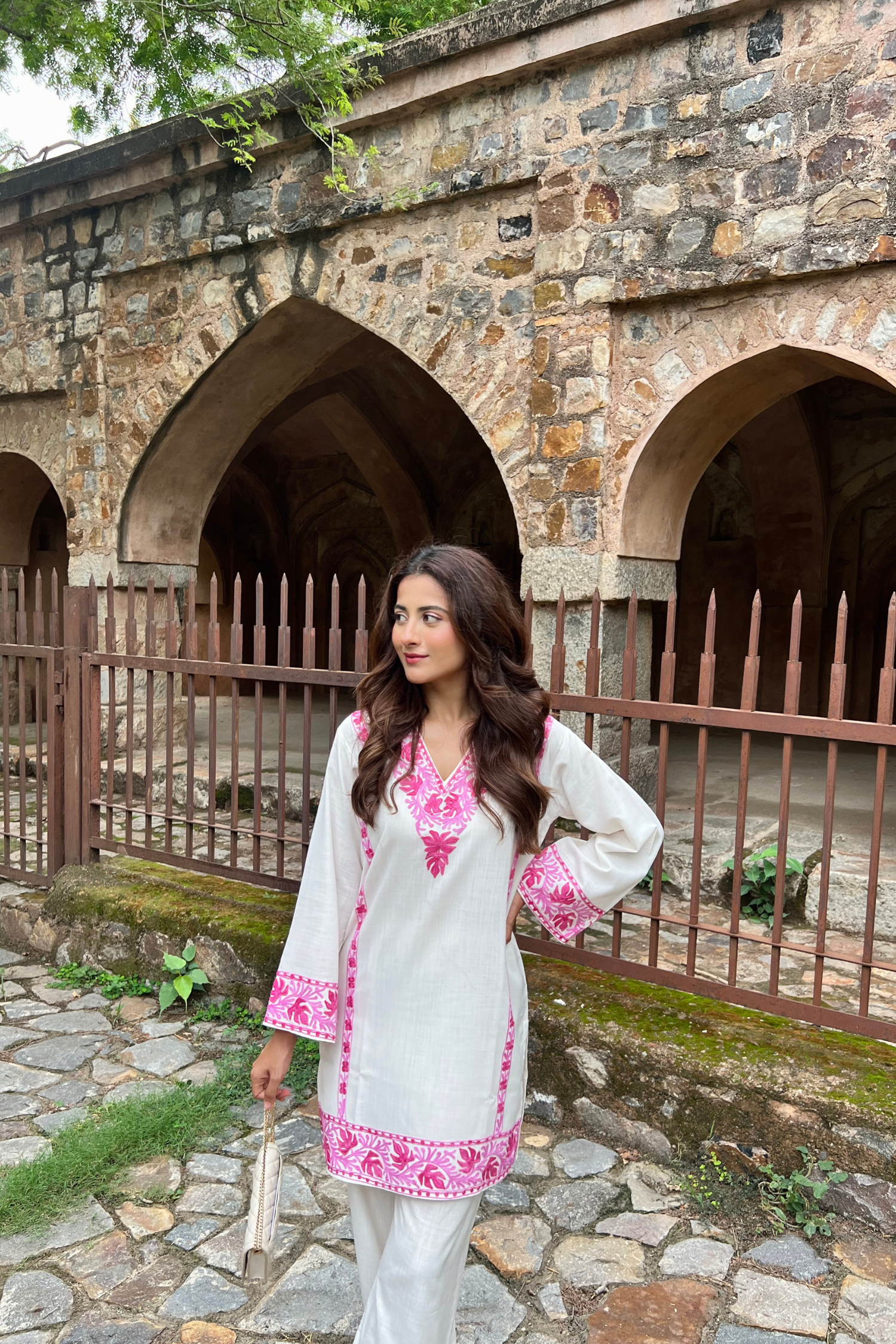 Yashaswinee in our Alia Pink Cotton Kashmiri Kurta and Pants Set