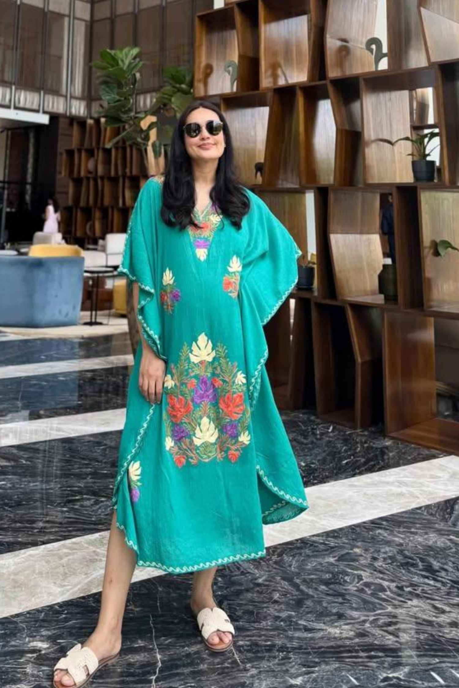 Pine Green Aari Kashmiri Long Cotton Kaftan Dress For Women
