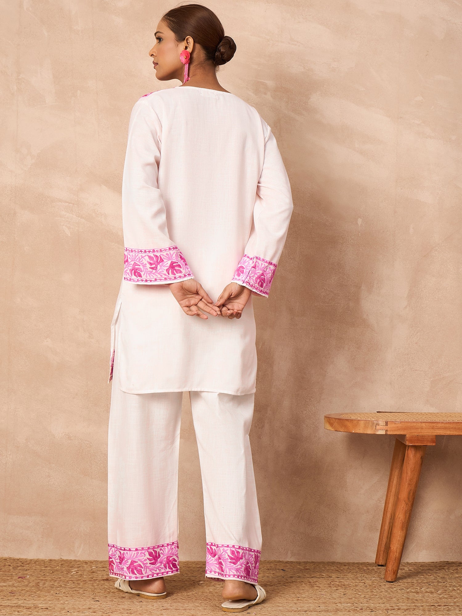 Alia Pink Cotton Kashmiri Kurta and Pants Set
