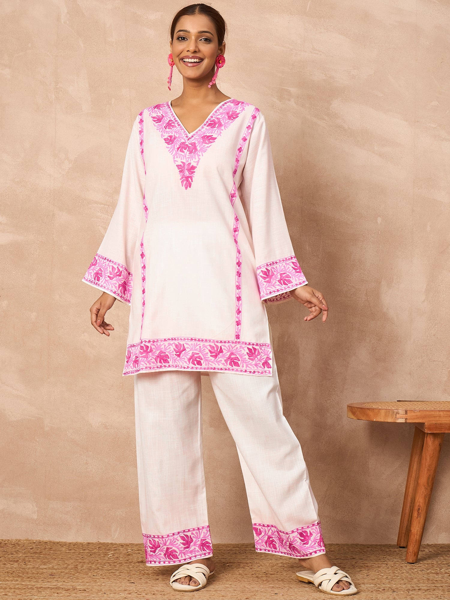 Alia Pink Cotton Kashmiri Kurta and Pants Set