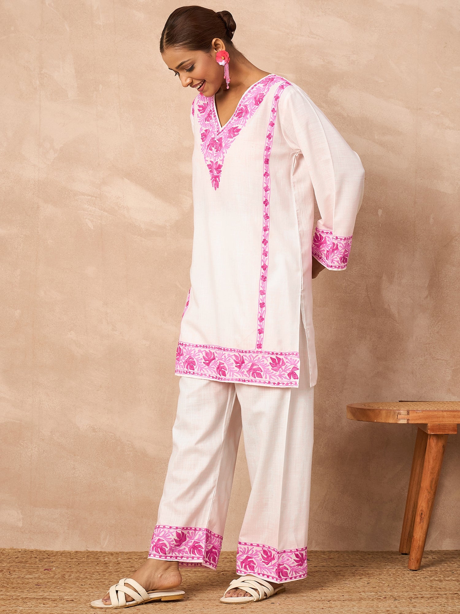 Alia Pink Cotton Kashmiri Kurta and Pants Set