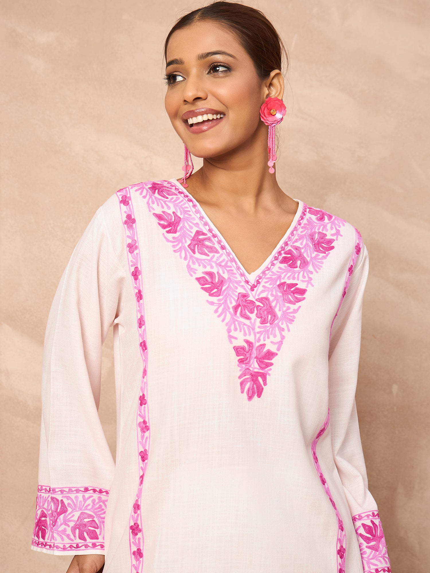 Alia Pink Cotton Kashmiri Kurta and Pants Set