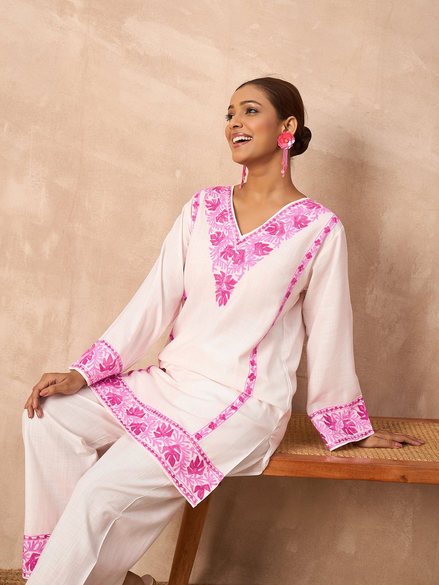 Alia Pink Cotton Kashmiri Kurta and Pants Set