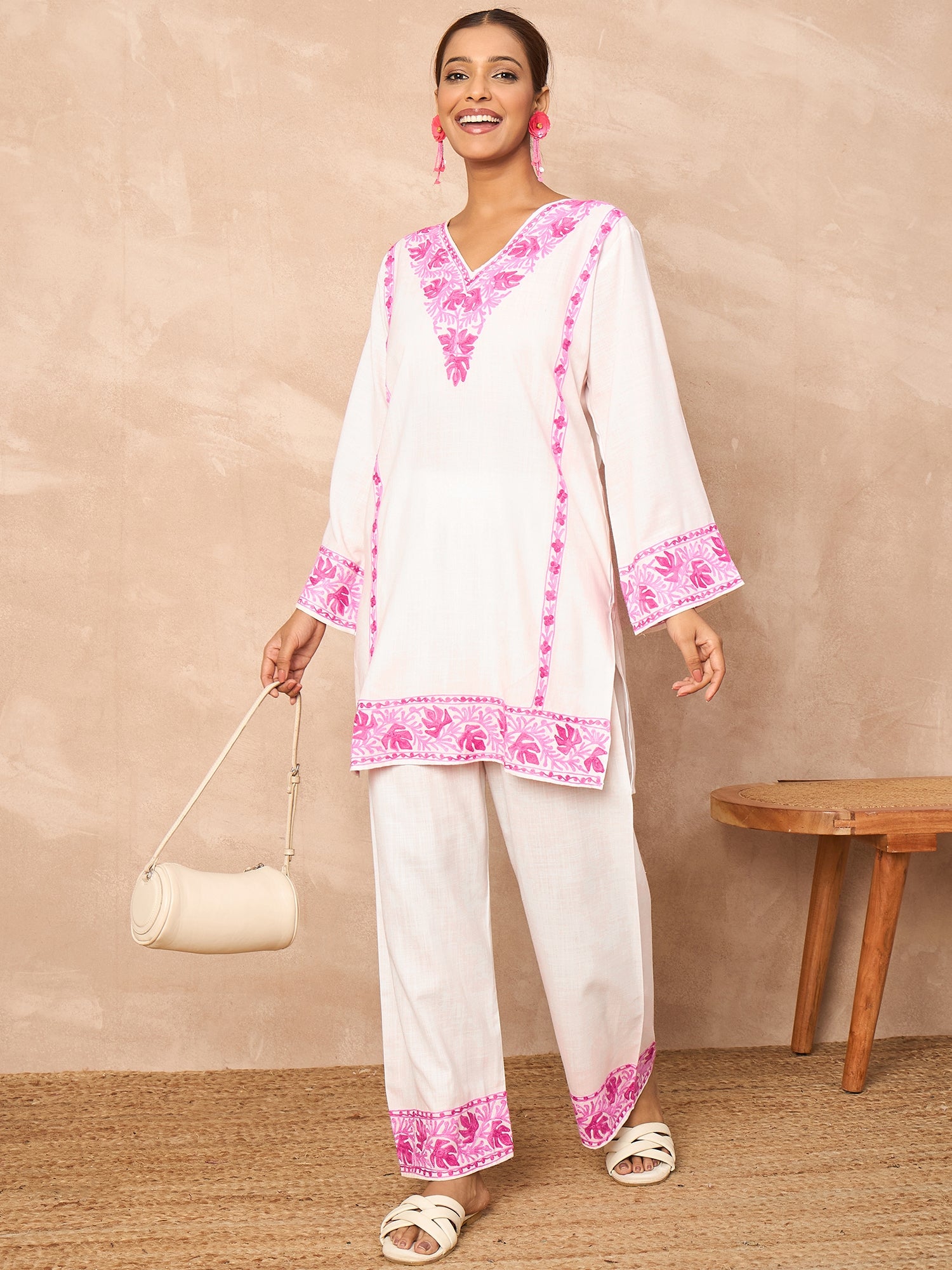 Alia Pink Cotton Kashmiri Kurta and Pants Set