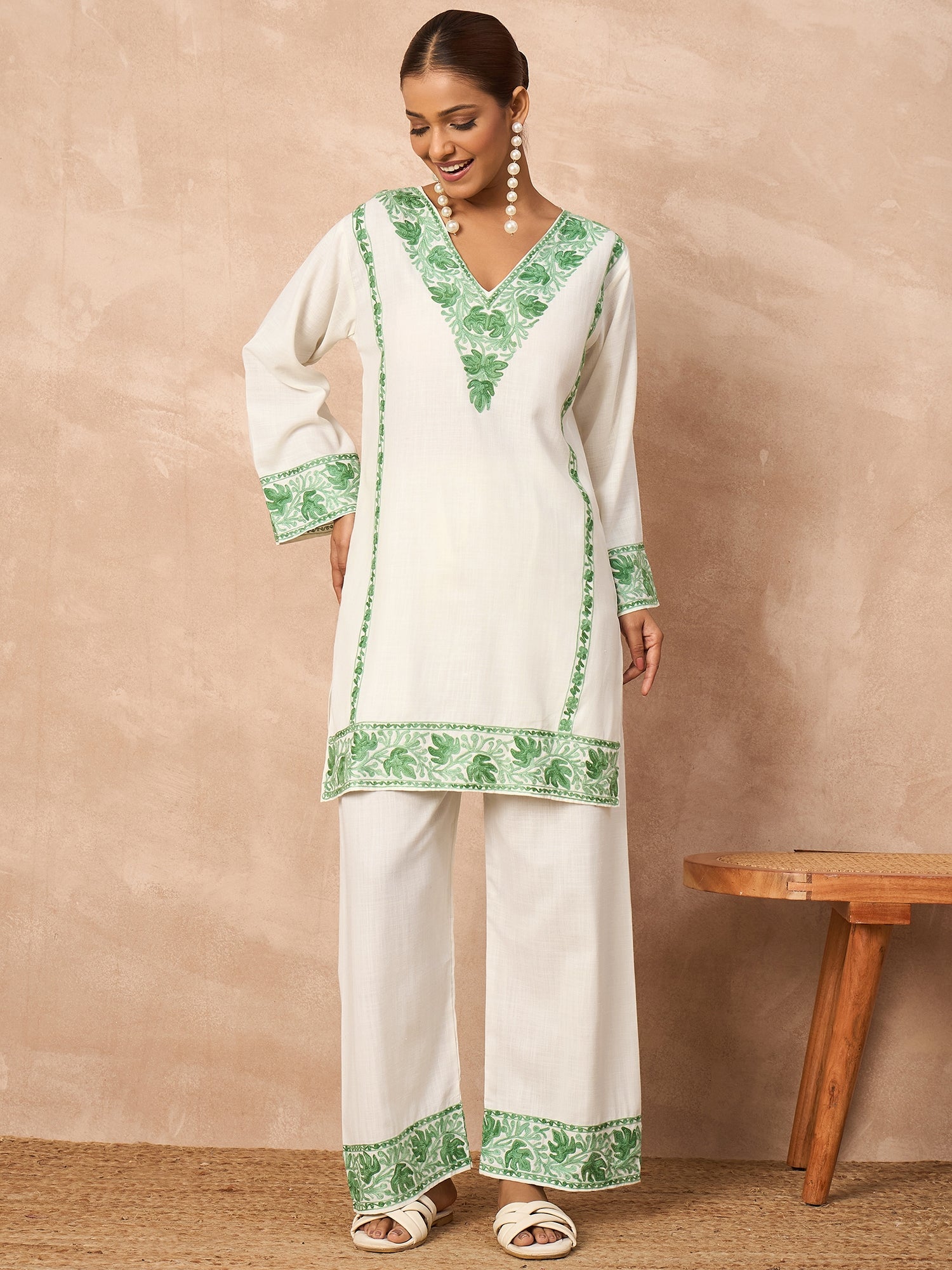 Alia Green Cotton Kashmiri Kurta and Pants Set