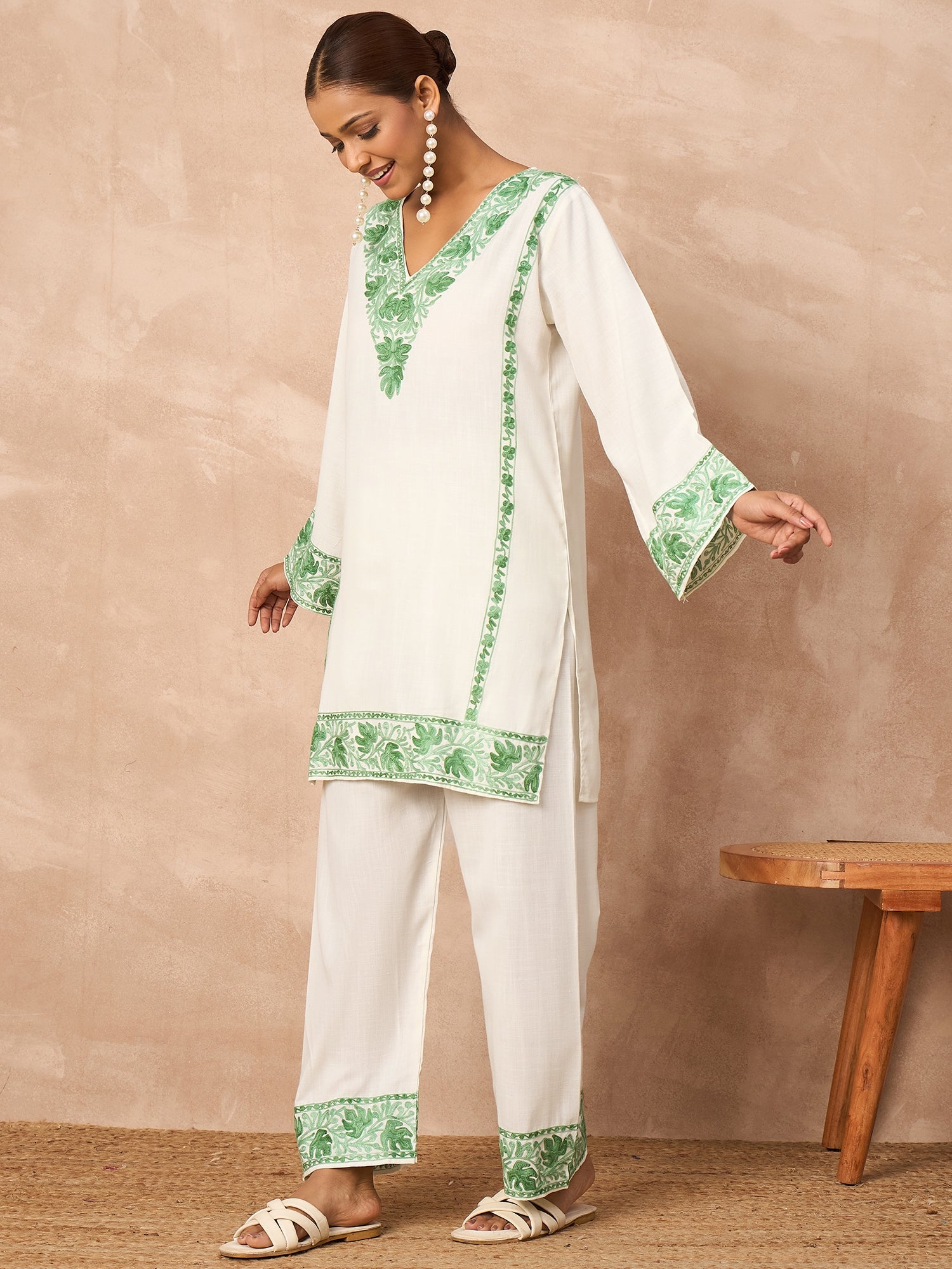 Alia Green Cotton Kashmiri Kurta and Pants Set