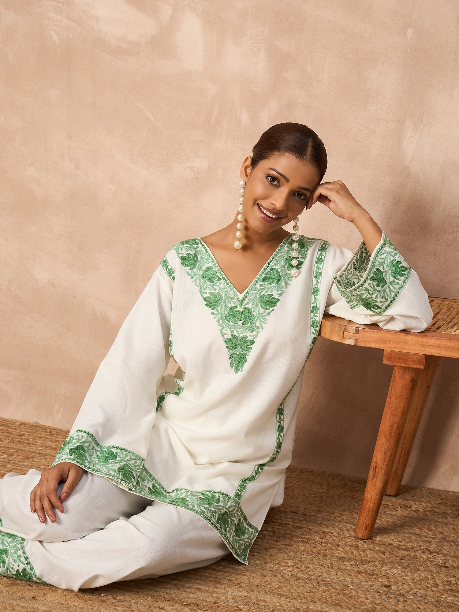 Alia Green Cotton Kashmiri Kurta and Pants Set
