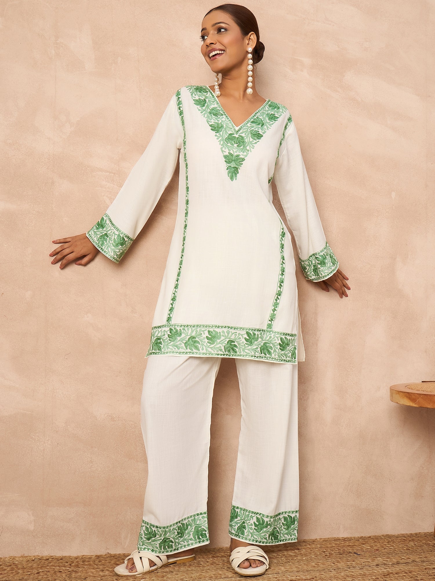 Alia Green Cotton Kashmiri Kurta and Pants Set
