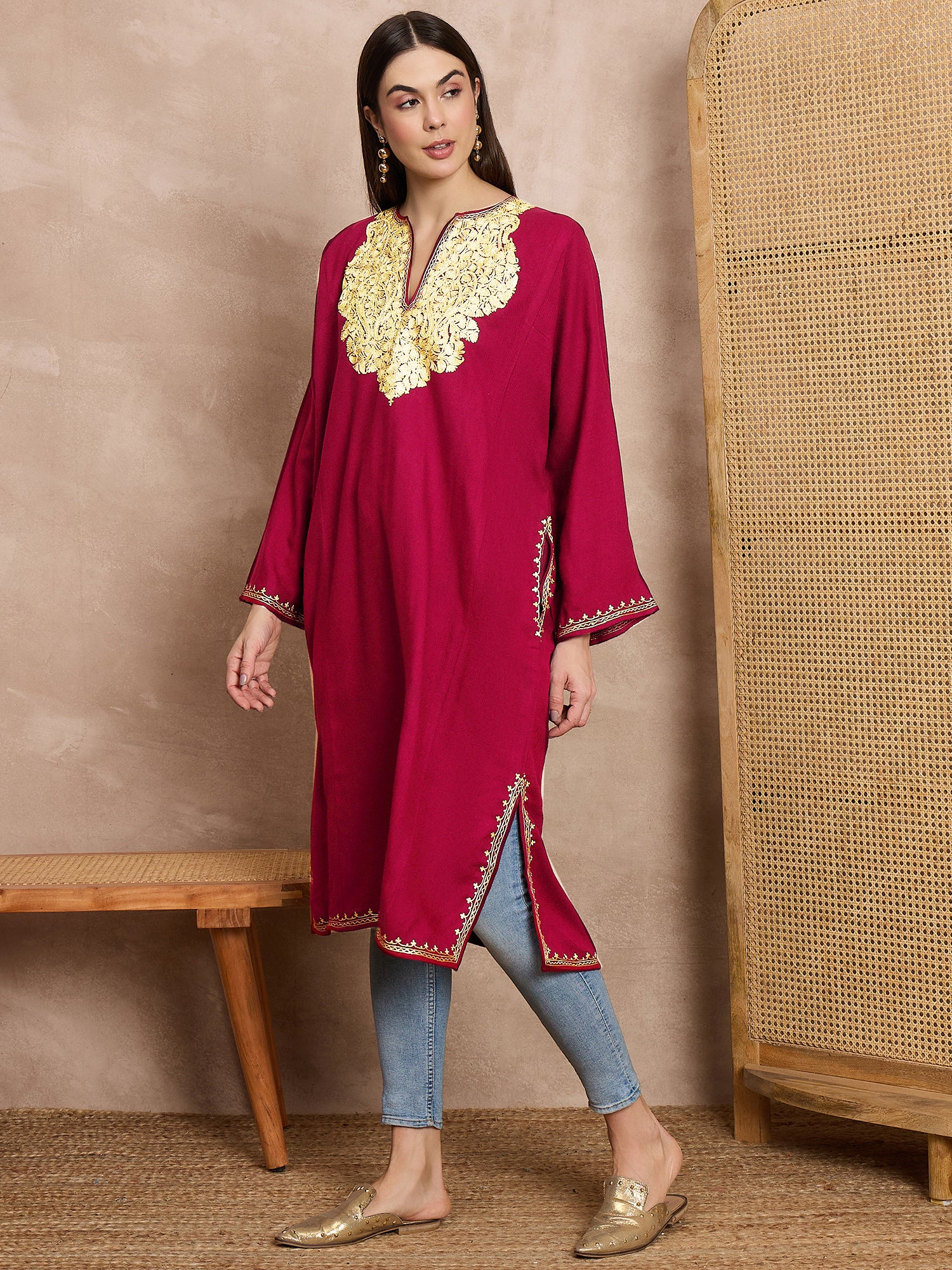 Lyla_Red_Kashmiri_Woollen_Phiran_with_Zari_Embroidery_shop_Namastay